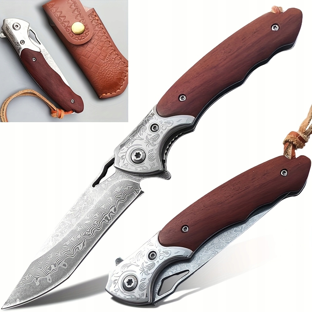 Skládací nůž z damaškové oceli Ocel s koženou pochvou