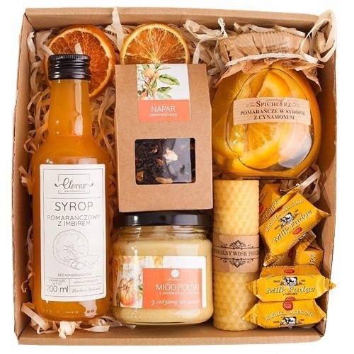 Kosz Prezentowy Box pomarańczowy syrop napar miód owoce w syropie