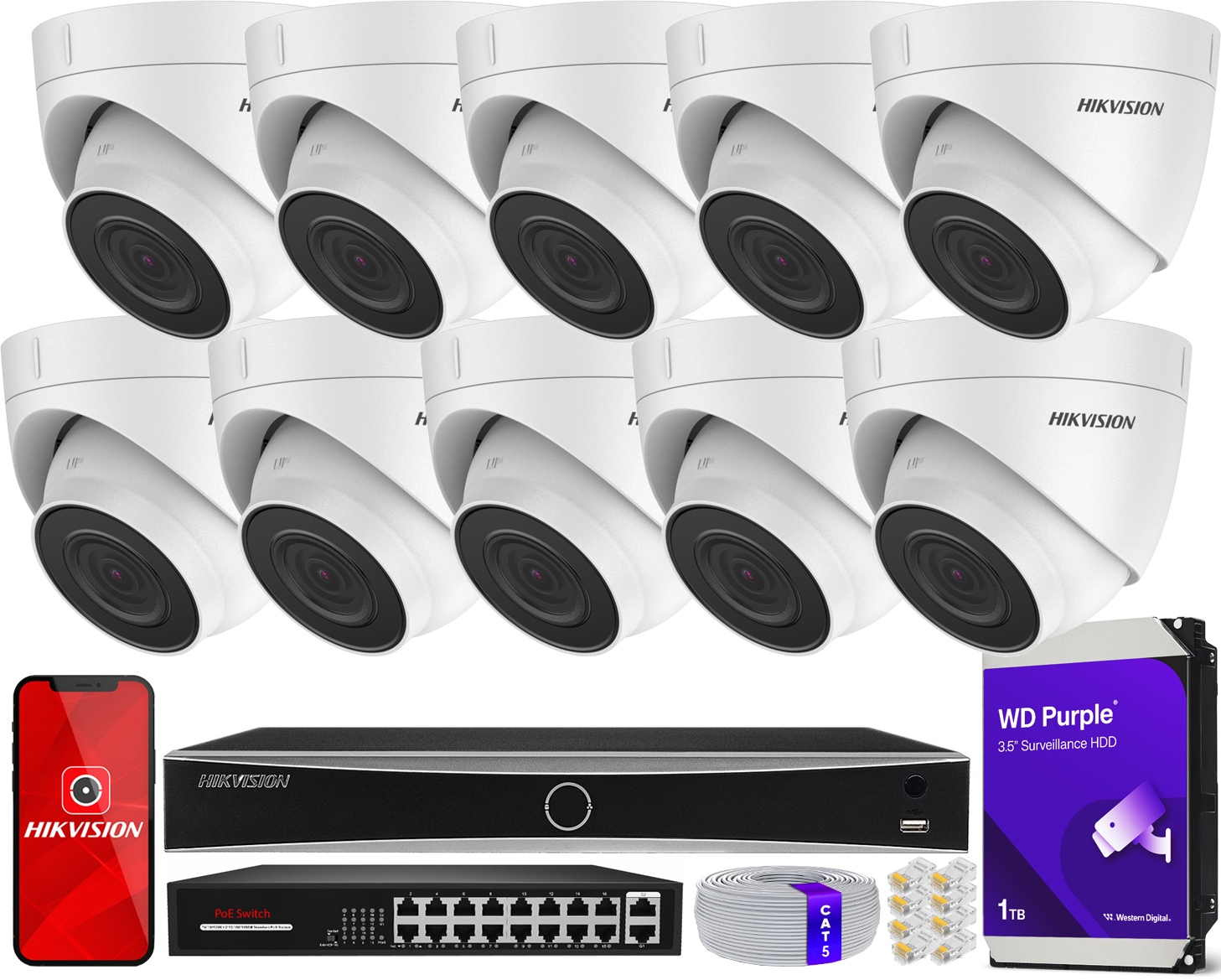 Monitorovací sada 10 kamer 4MPx Hikvision 16x PoE IR30m IPCAM-T4