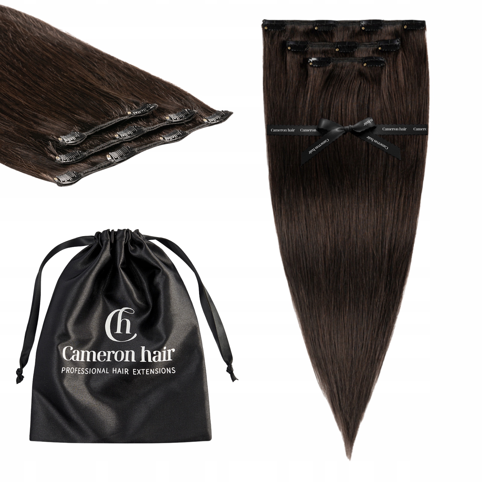 Přírodní vlasy Clip In 53 cm 3 pásky 60 g #1b Tmavě hnědé připínáčky