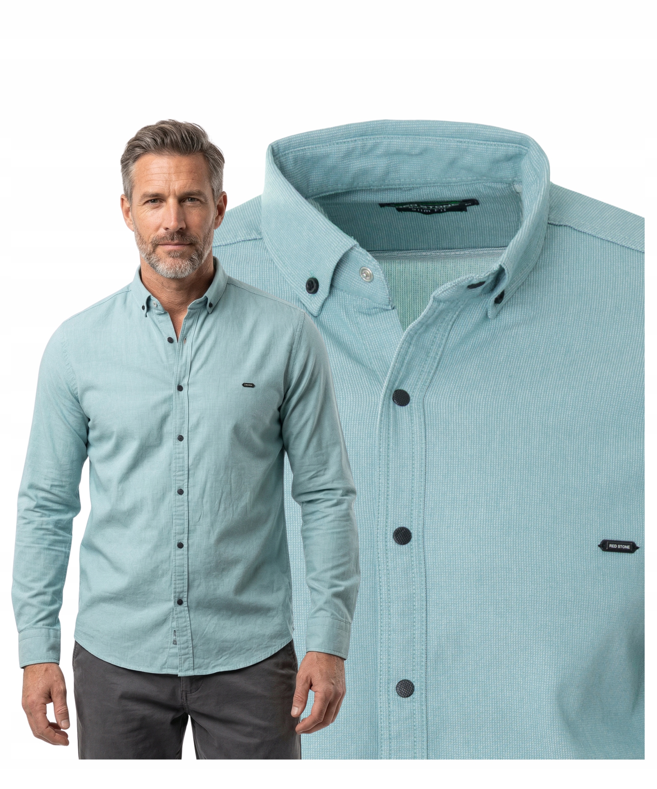 Koszula męska z długim rękawem stylowa Polo rozpinana Miętowa Bawełna R.xl