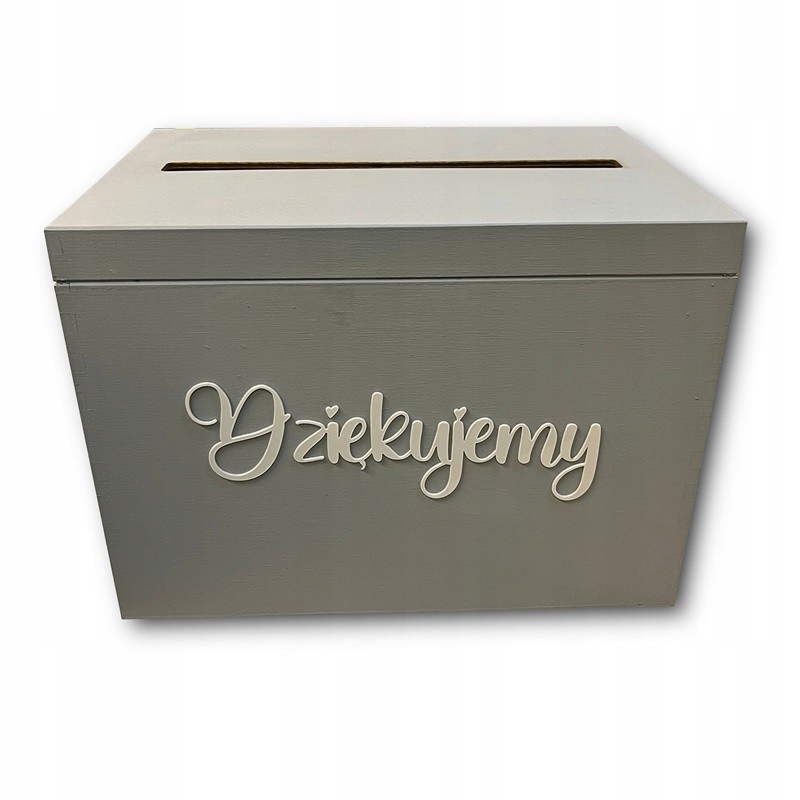 Szara skrzynia pudełko na koperty z białym lustrzanym napisem dziękujemy