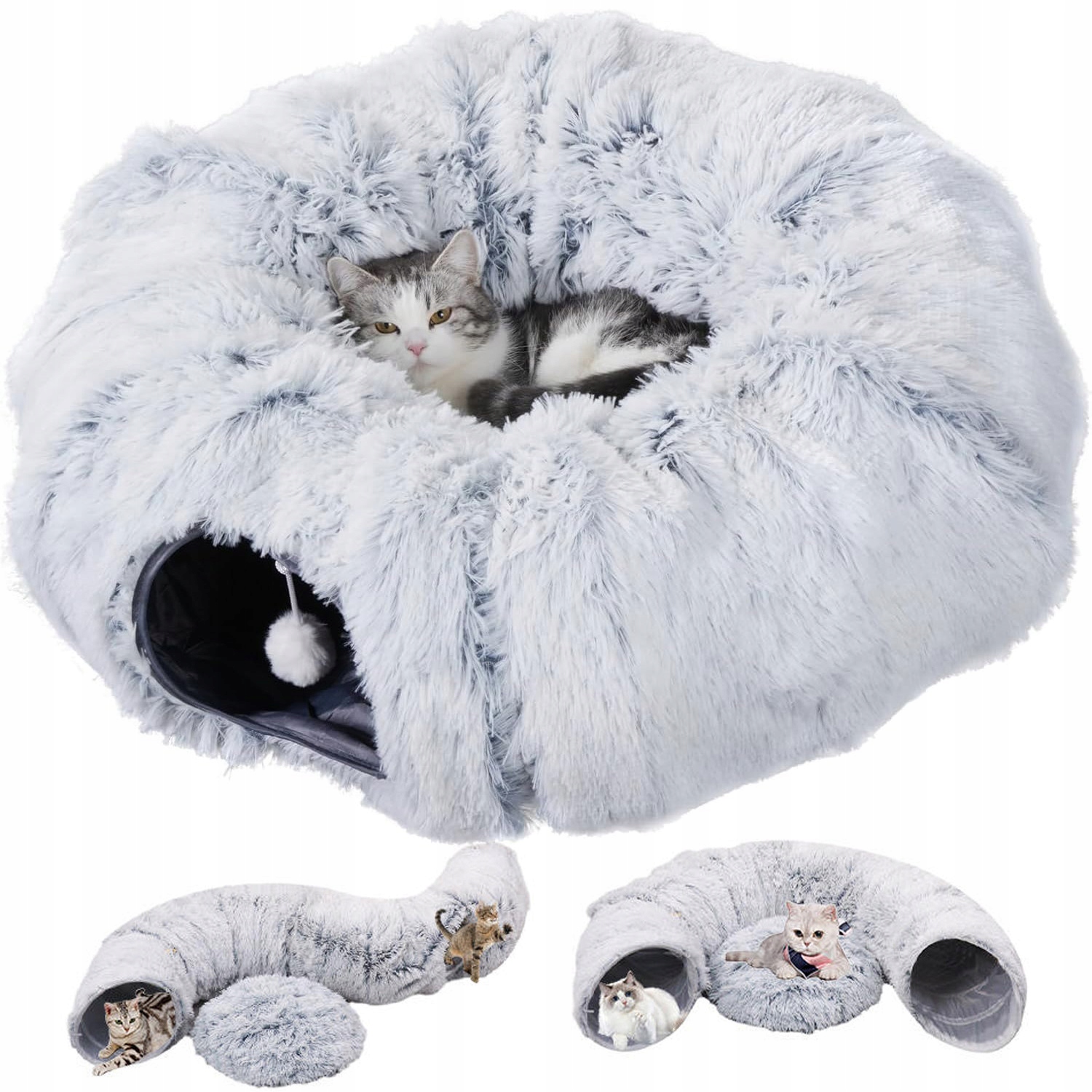 Levně Tunel Pro Kočky S Plyšovým Pelíškem Šedý 170 CM Pro Kočky Do 10 Kg