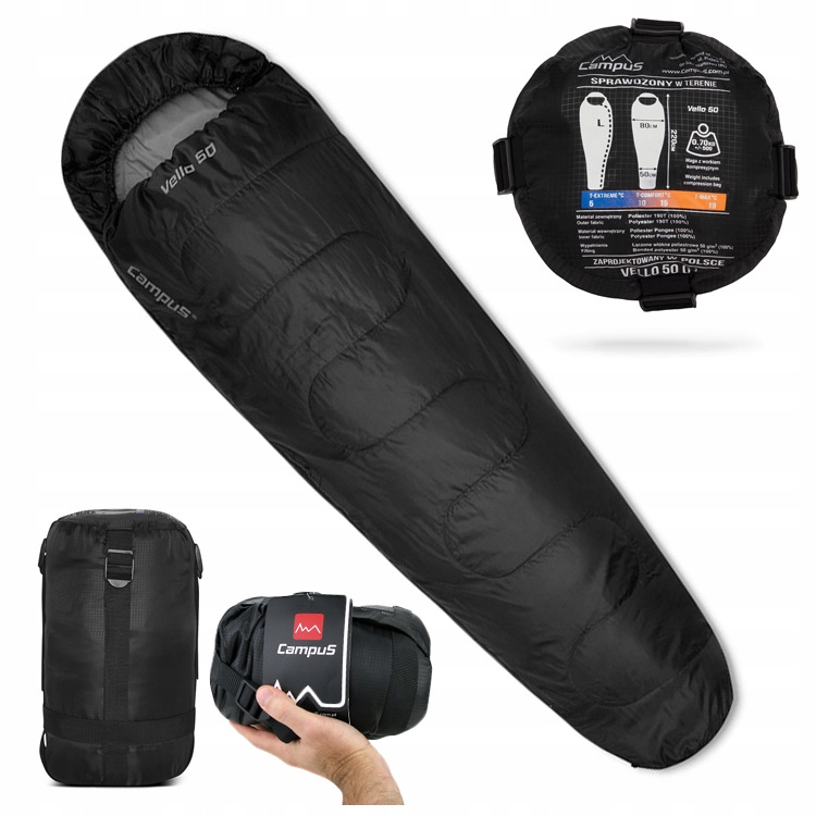 Śpiwór turystyczny Campus mumia Vello 50 łączony Pod Namiot na biwak Lewy