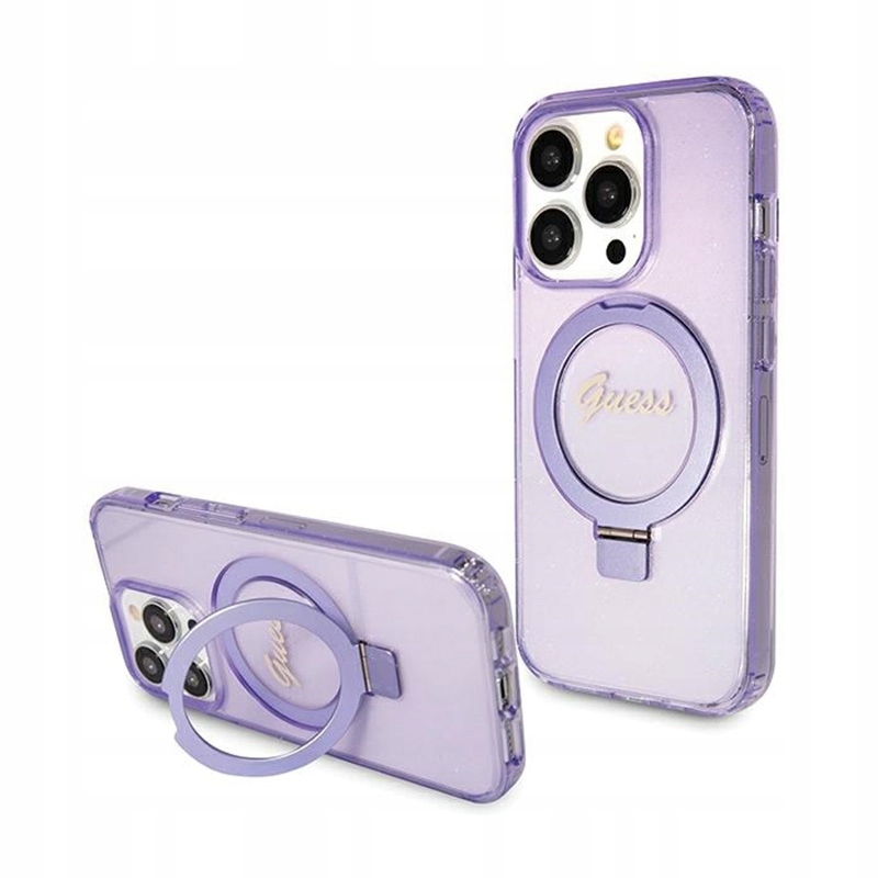 Guess Ring Stand Script Glitter MagSafe – Pouzdro pro iPhone 15 Pro (fialové)