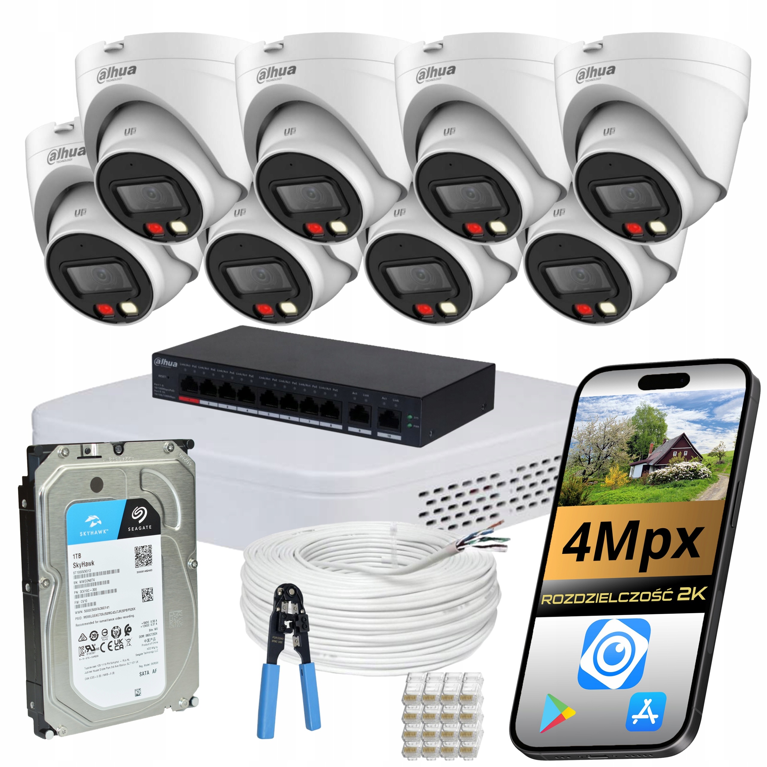 Monitorování Dahua 8 kamer Ip PoE 4Mpx Dual Light mikrofon disk 1TB IP67