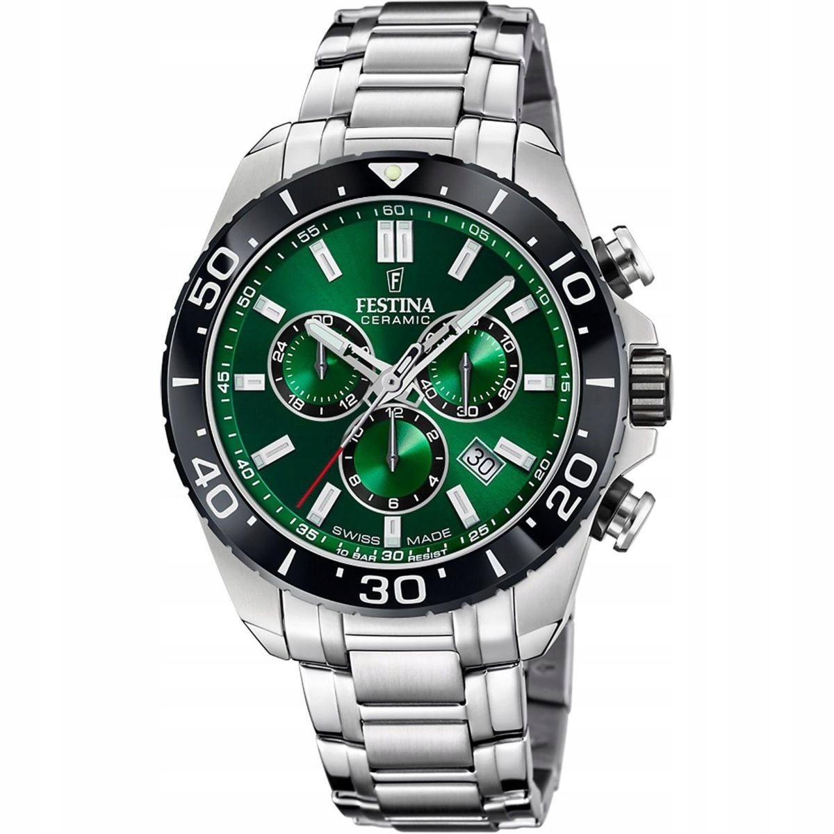 Festina Swiss Made pánské hodinky na náramku zelené barvy se stopkami 20042/3