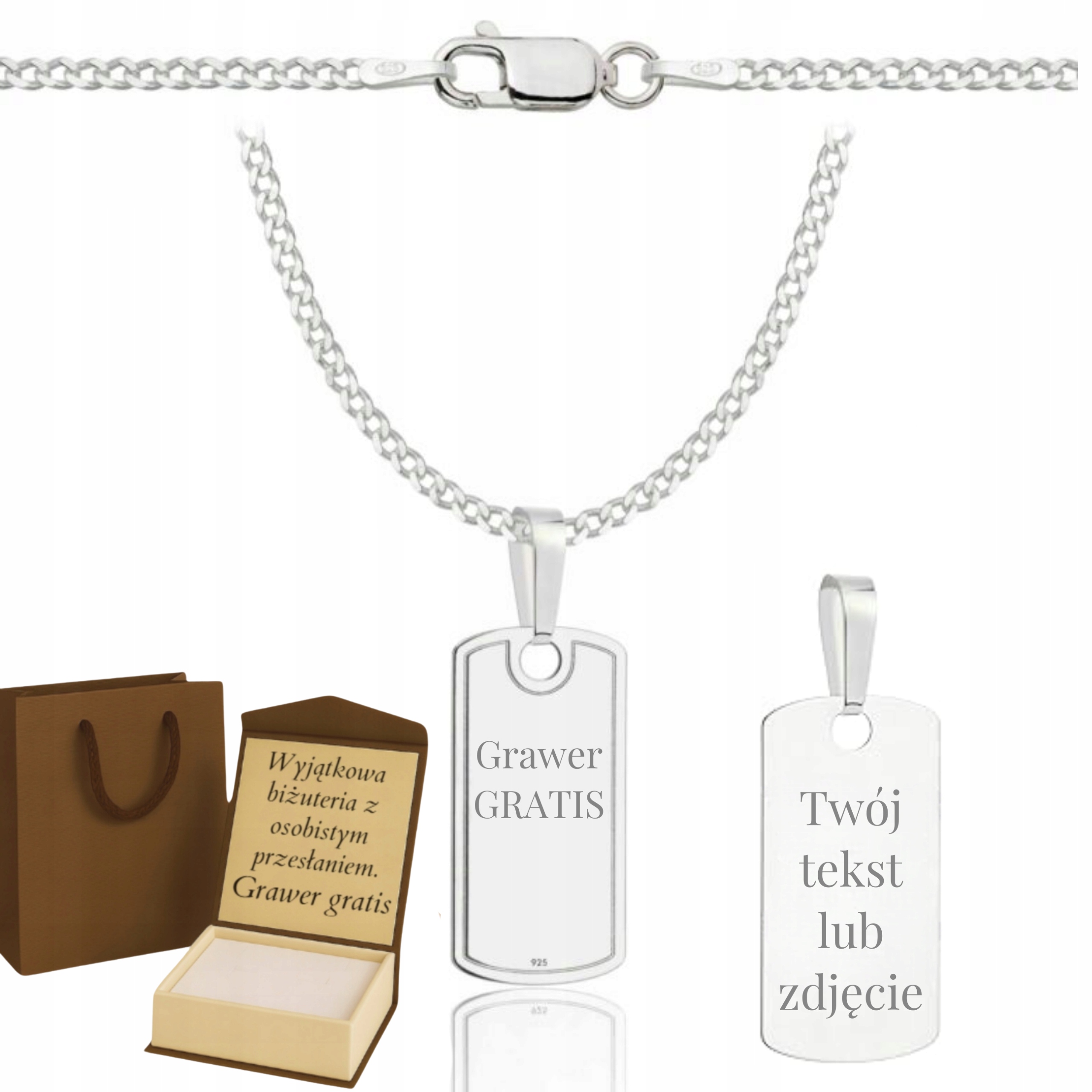 Stříbrný Plný Řetízek Pánský Pancr Vojenská Známka Ryzost 925 Gravírování Bonus