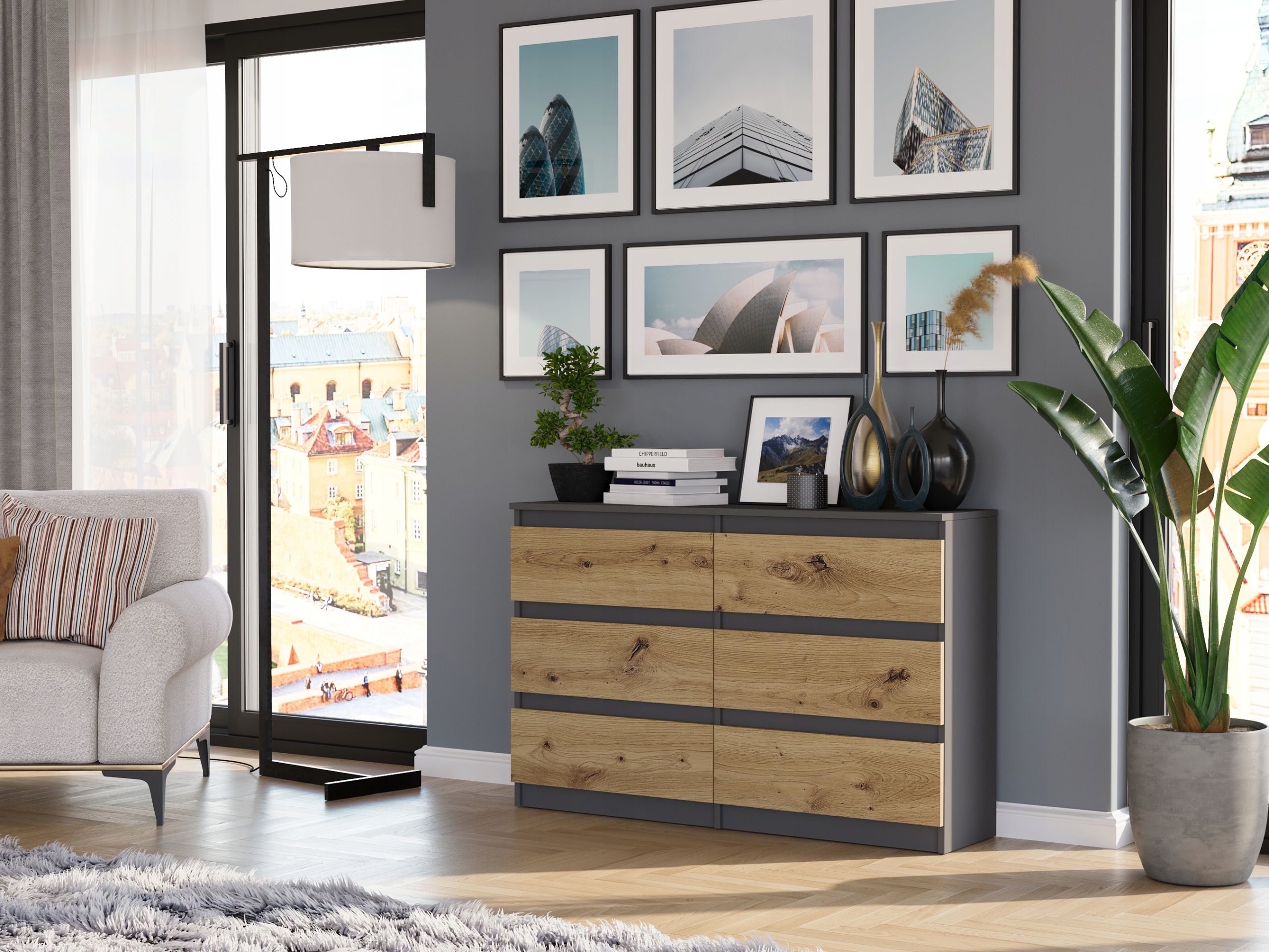 KOMODA 120CM SZAFKA 6 SZUFLAD R-120 ANTRACYT MIX ARTISAN