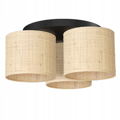 Boho stropná lampa okrúhla čierna 3 krémové ratanové tienidlá Luminex