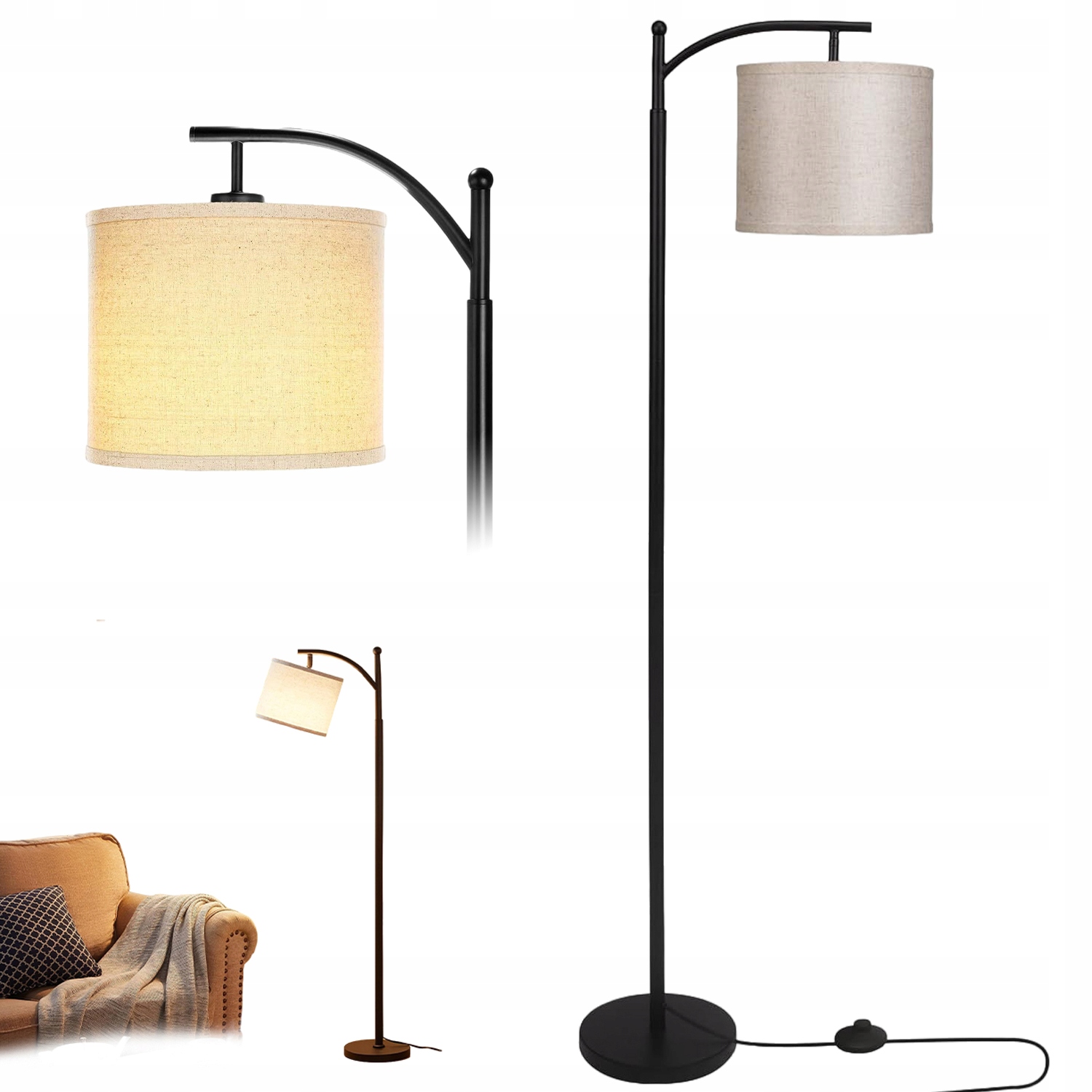 Podlahová Stojací Lampa Loft 162.5 CM Led Lněné Stínidlo S Žárovkou E27