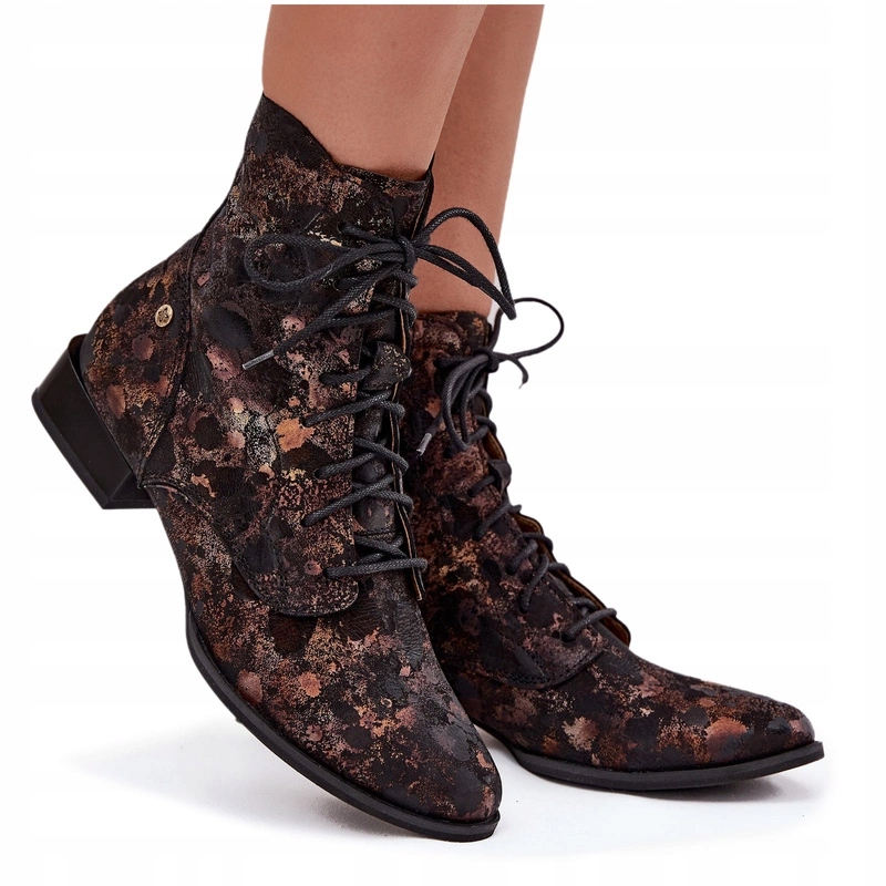 Kotníkové Boty Vzorované Semišové Plochý Podpatek Maciejka 06391-02 Černo+zlaté 38