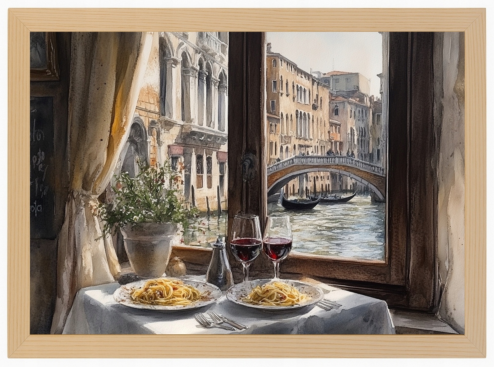 Plakát Rámeček Dřevo Kuchyňská Pasta Špagety Okno Benátky Pohled 80x60