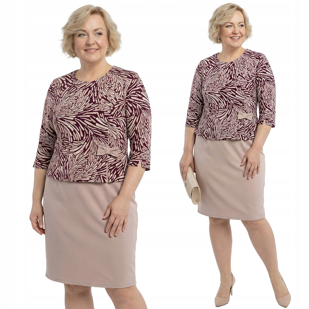 Béžová šaty s mašličkou a vínově bílými vzory plus size velikost 58