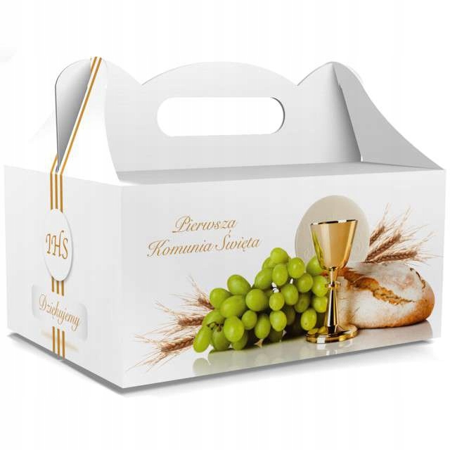 PUDEŁKO na ciasto PIERWSZA KOMUNIA ŚWIĘTA białe IHS 5 szt