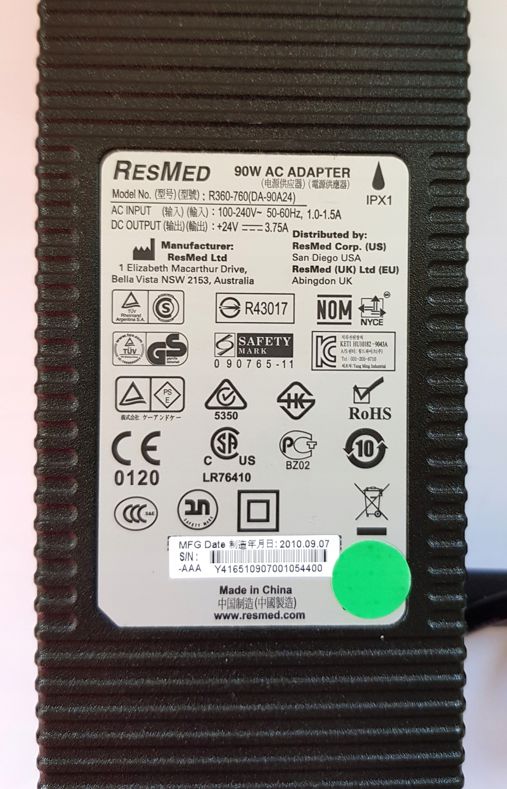 ZASILACZ 24V 3.75A RESMED PIN 90W AirSense R360-760 DA-90A24 Kod producenta RESMED 370001