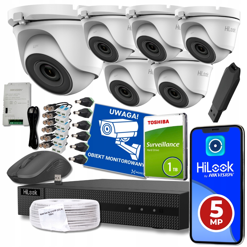 Monitoring zestaw 6 kamer do domu zewnętrzny 5Mpx HiLook + HDD