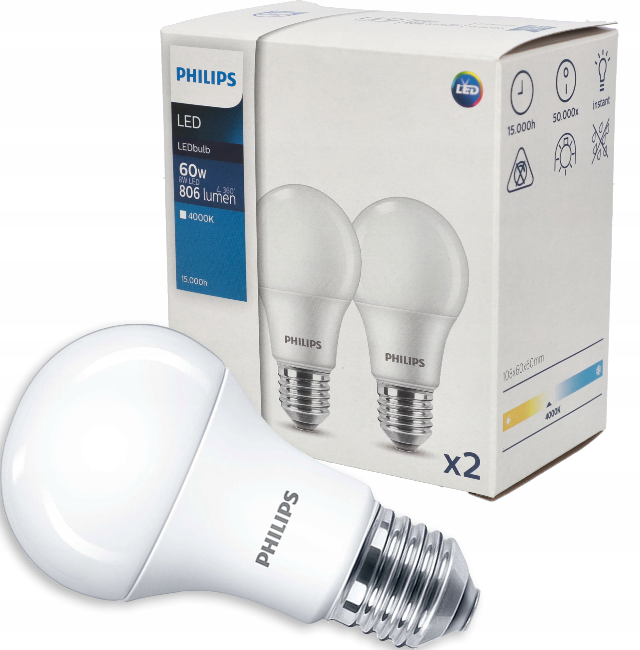 

2x Żarówka Led E27 A60 8W 4000K 806lm Philips