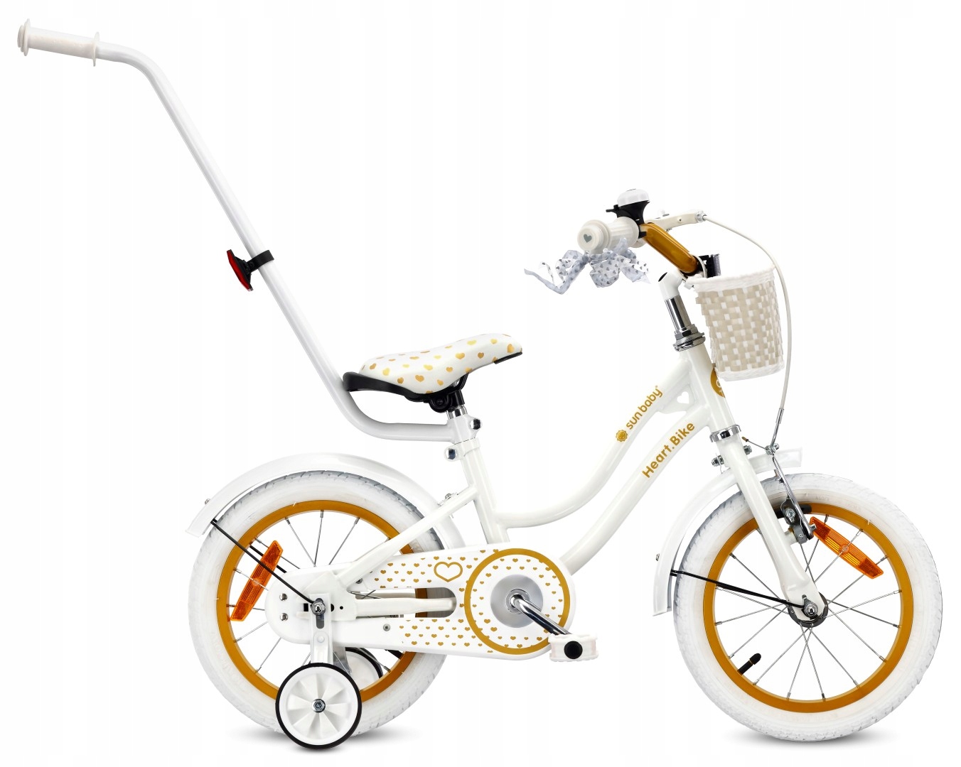 Rower dziecięcy 14 cali boczne kółka prowadnik dziewczynka biały złoty