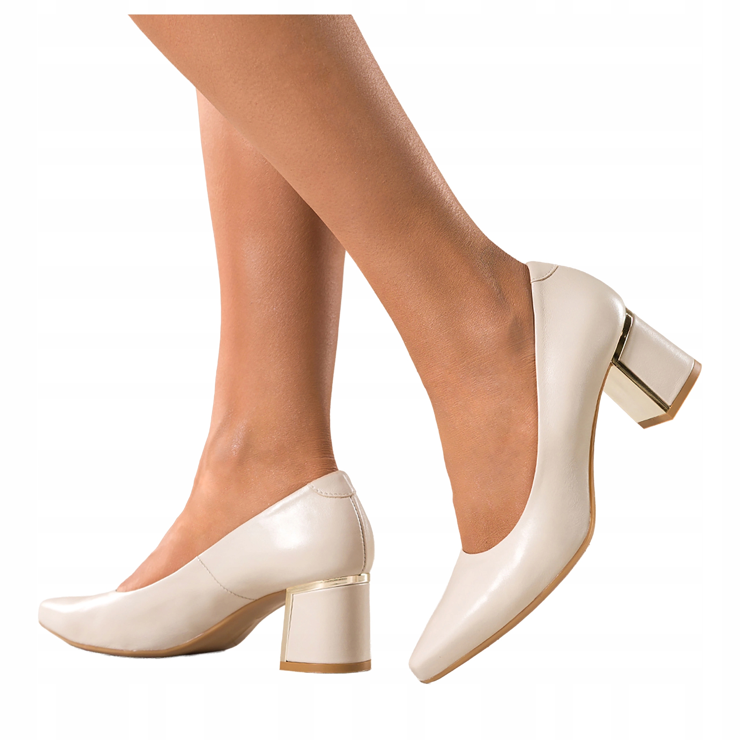 Béžové Lodičky Dámské Široký Podpatek Klocek Zlatý Doplněk Kožené vel 38