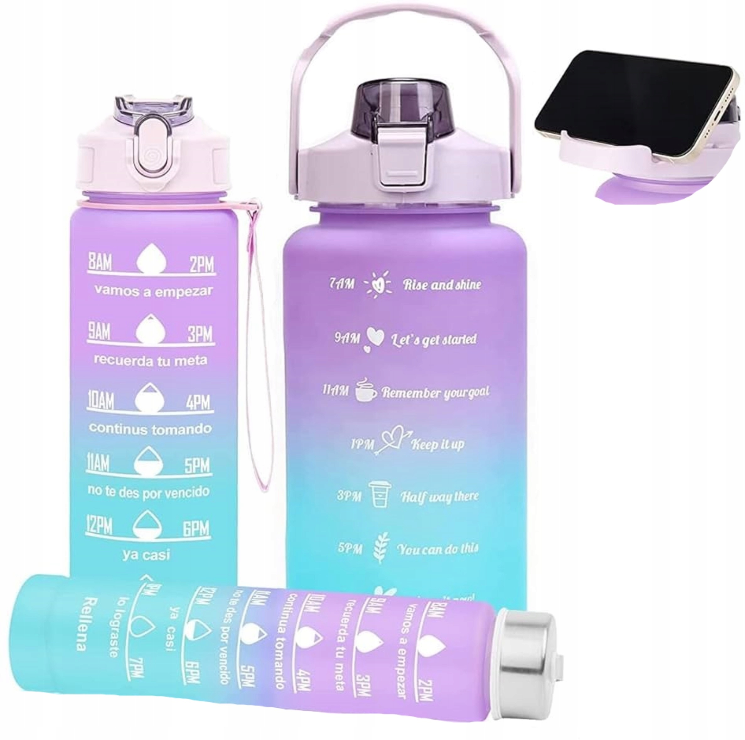 ZESTAW 3SZT BUTELKA NA WODĘ BIDON Z MIARKĄ FITNESS 3w1 BUTELKA MOTYWACYJNA