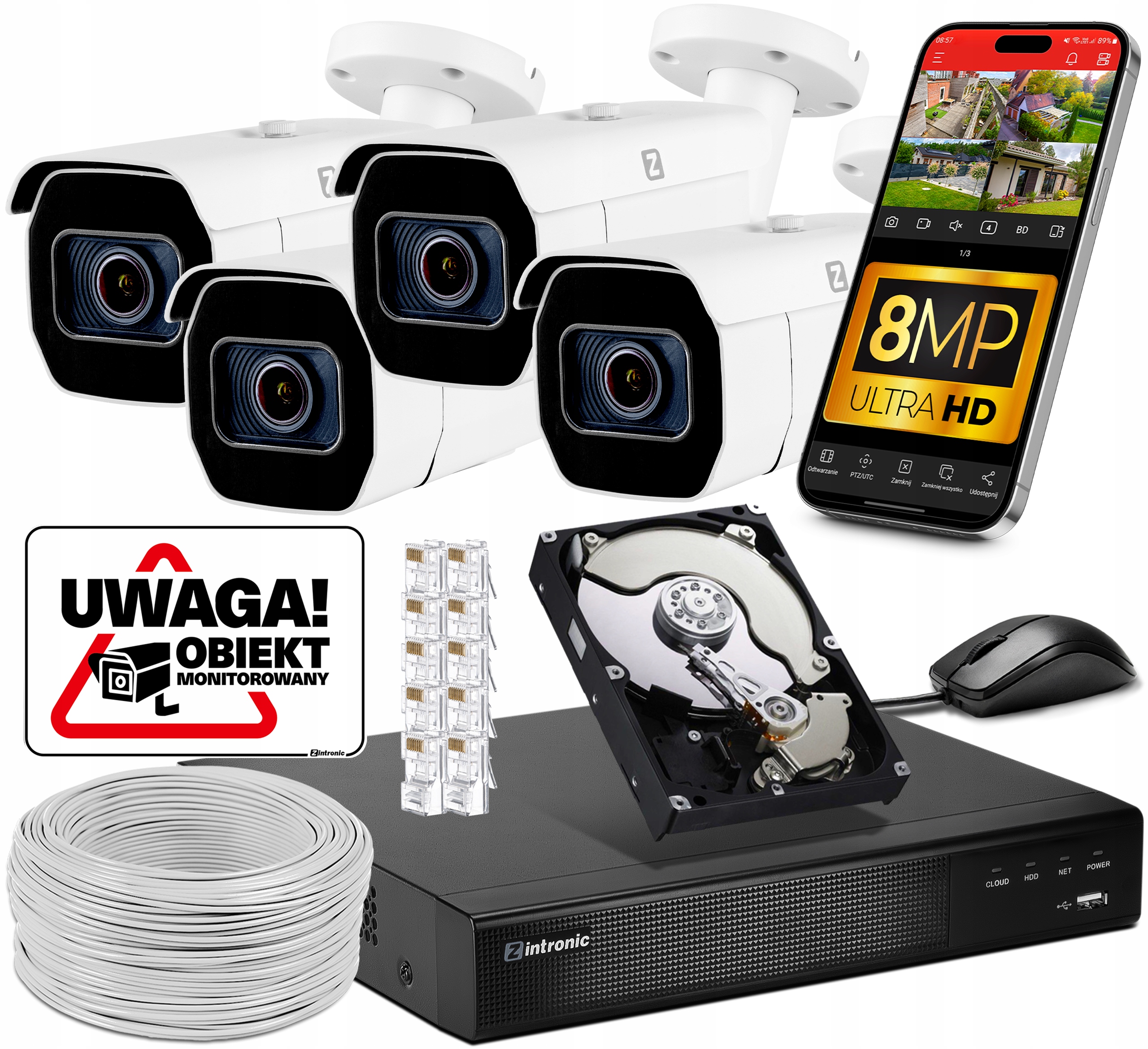 Sada pro Monitorování pozemku 4 Ip kamery Poe 8 MPx Ir zoom 60 m aplikace