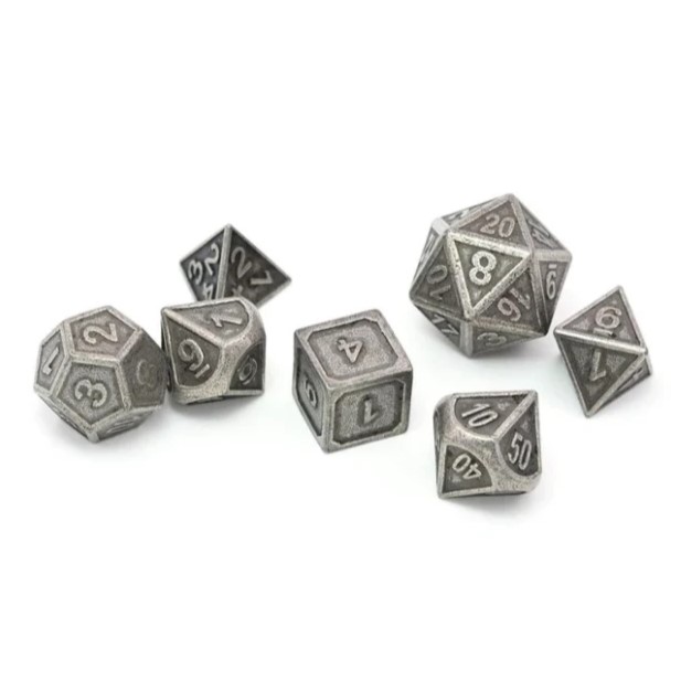 SREBRNE KOŚCI ELFICKIEGO SZCZĘŚCIA - METALOWY ZESTAW 7 KOŚCI KOSTEK RPG