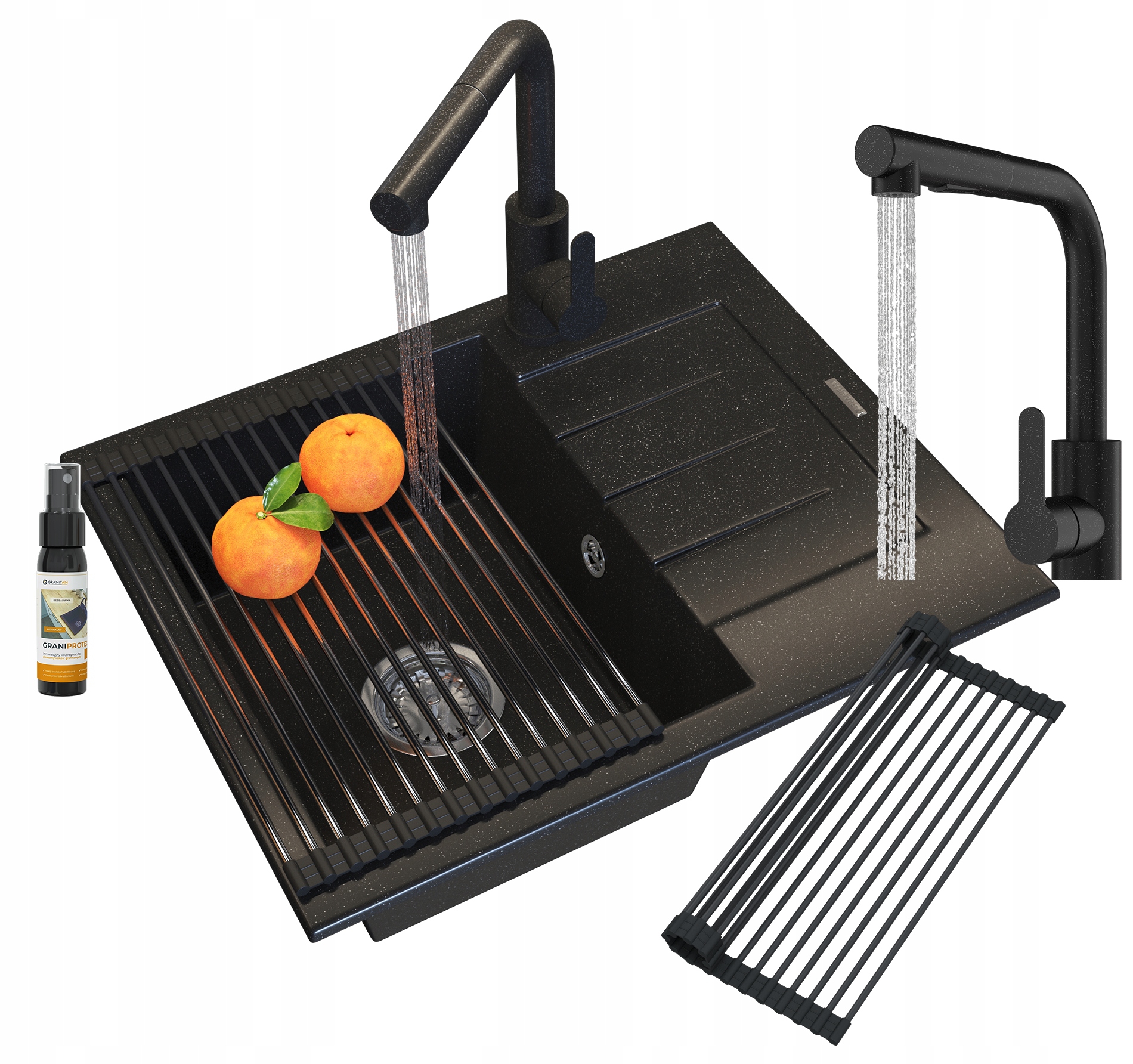 Granitový Drez Sada Čierna 1KOM Kuchynská Batéria Sifónová Podložka Milano