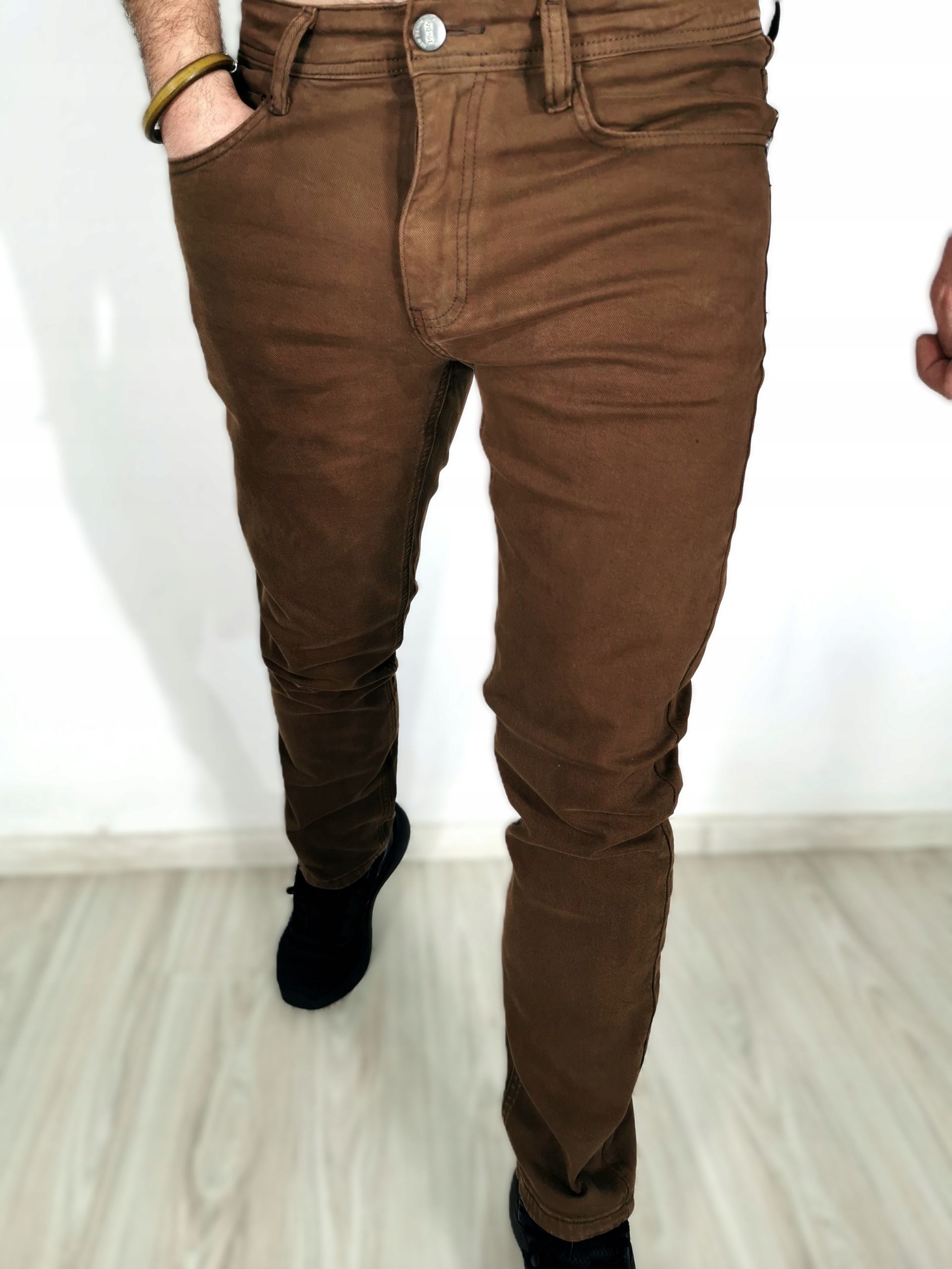 Pánské džínové kalhoty hladké, hnědé, rovné nohavice 35