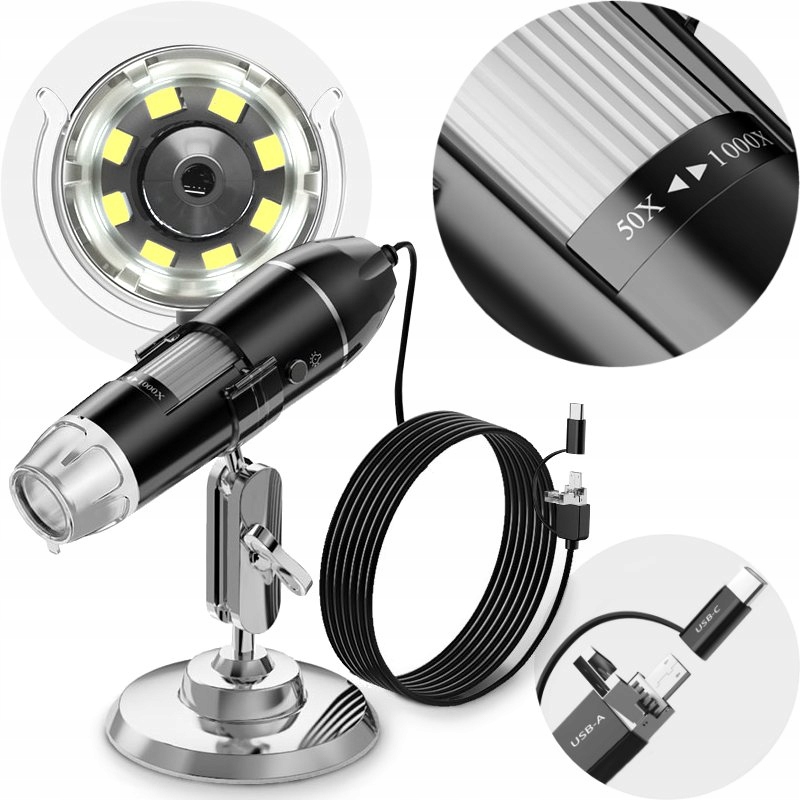 MIKROSKOP CYFROWY 1600x 3M 8LED 3w1 USB PRZEWÓD 1,5M STATYW ANDROID PC APP