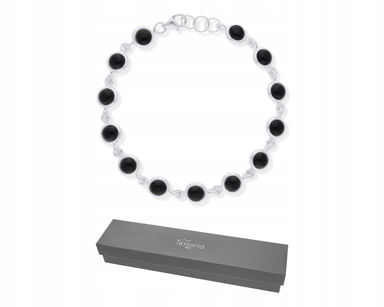 Stříbrný Náramek S Černými Onyxovými Kameny, Dámský, Kulaté Články, Stříbro 925