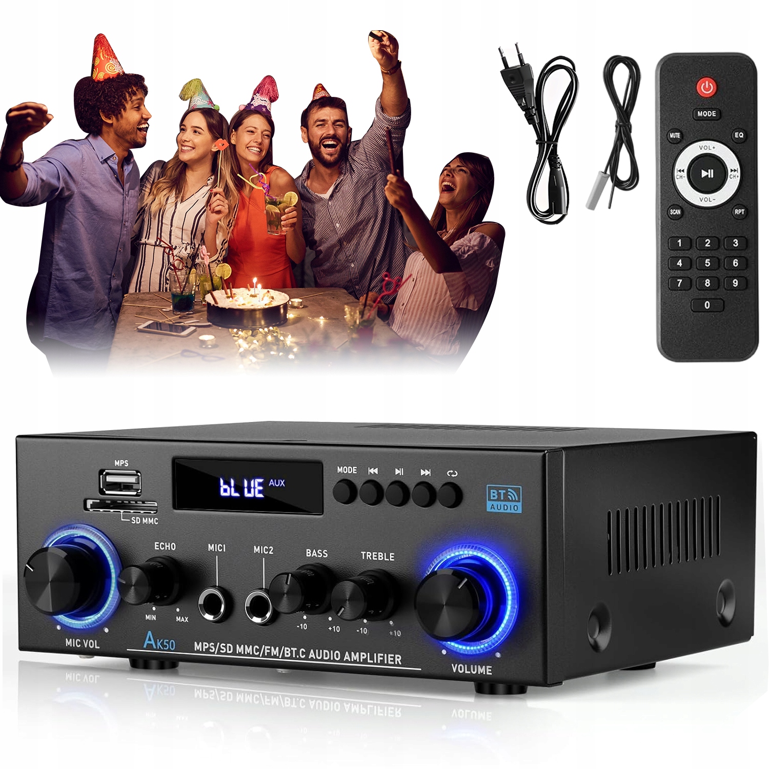 WZMACNIACZ AUDIO BLUETOOTH 5.0 WZMACNIACZ STEREO 800W Z PILOTEM