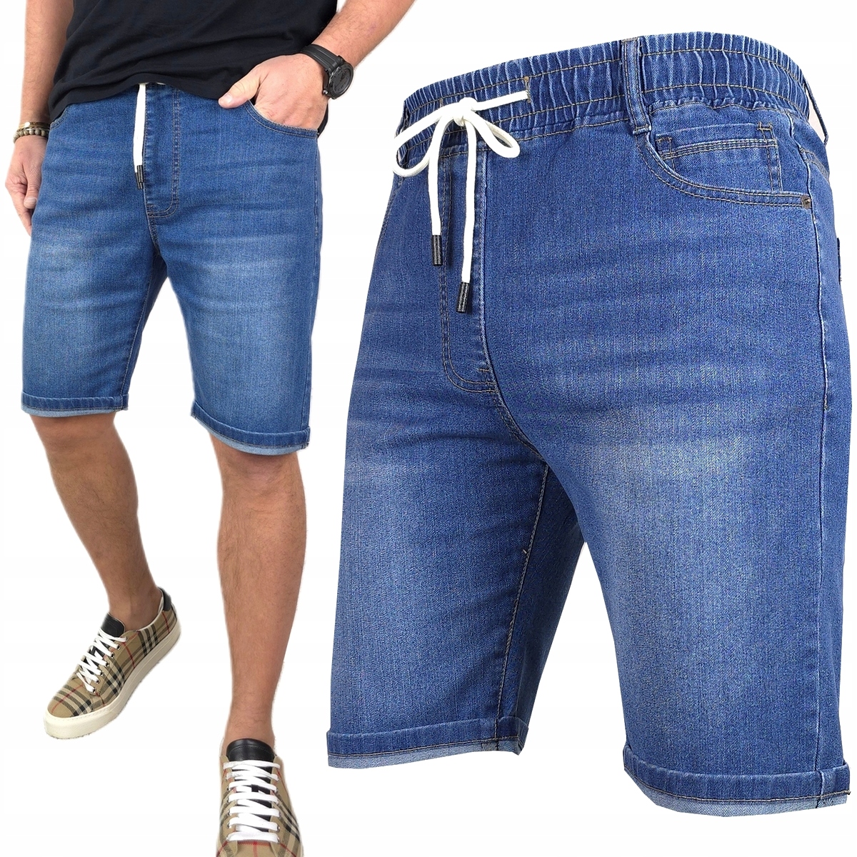 Spodenki męskie Jeansowe Krótkie spodnie rozciągliwe Pas z Gumką, 515 L