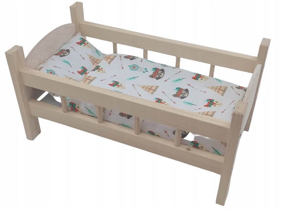 ŁÓŻECZKO DREWNIANE DUŻE dla lalek POŚCIEL 3 elementy