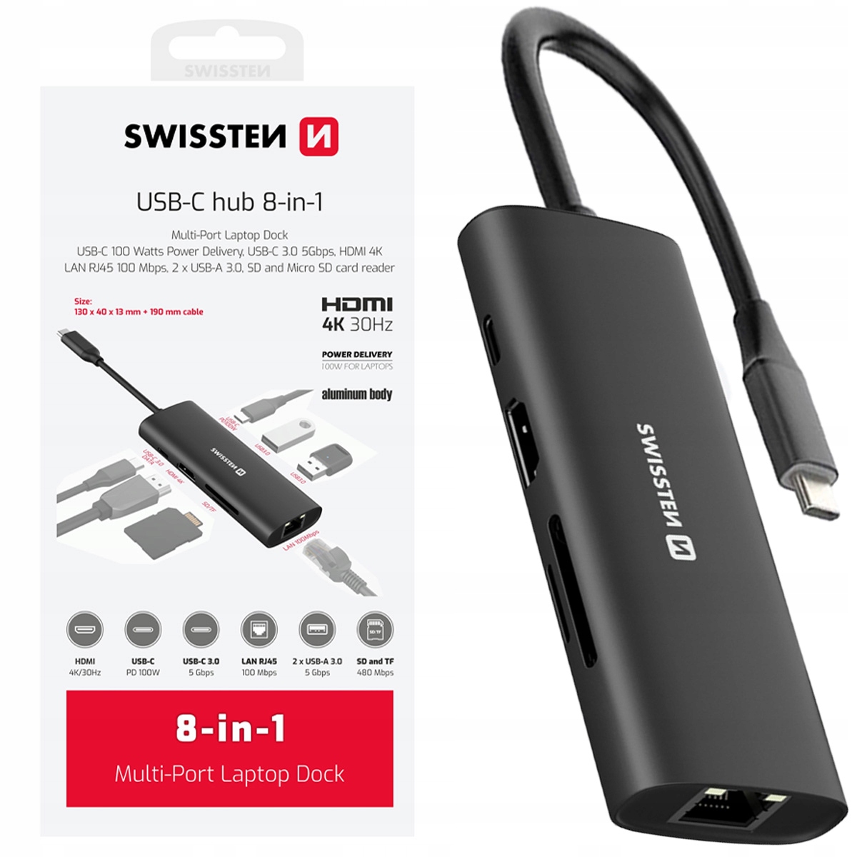 SWISSTEN HUB 8w1 USB-C 100W HDMI 4K LAN RJ45 2x USB-A 1x USB-C SD MICRO SD