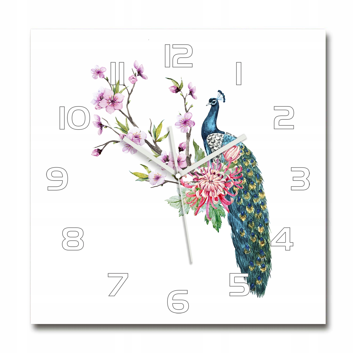 

Duży zegar ze szkła hartowanego Paw i kwiaty 60x60