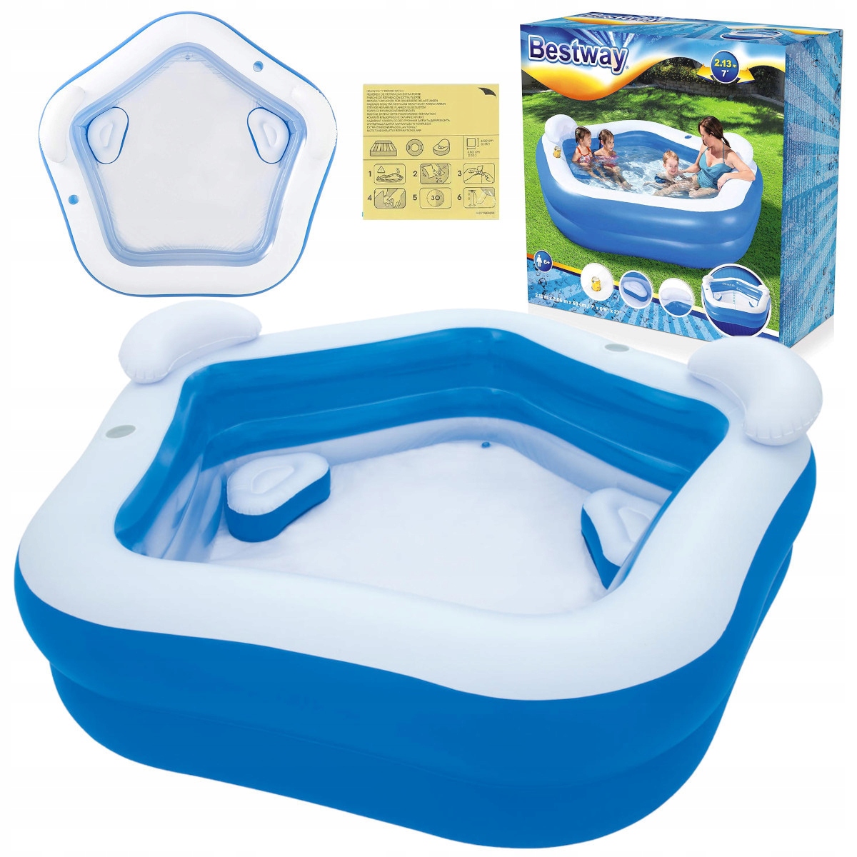 Basen Ogrodowy Dmuchany Rodzinny 2 Siedzenia Poduszki XXL Bestway 213x206cm