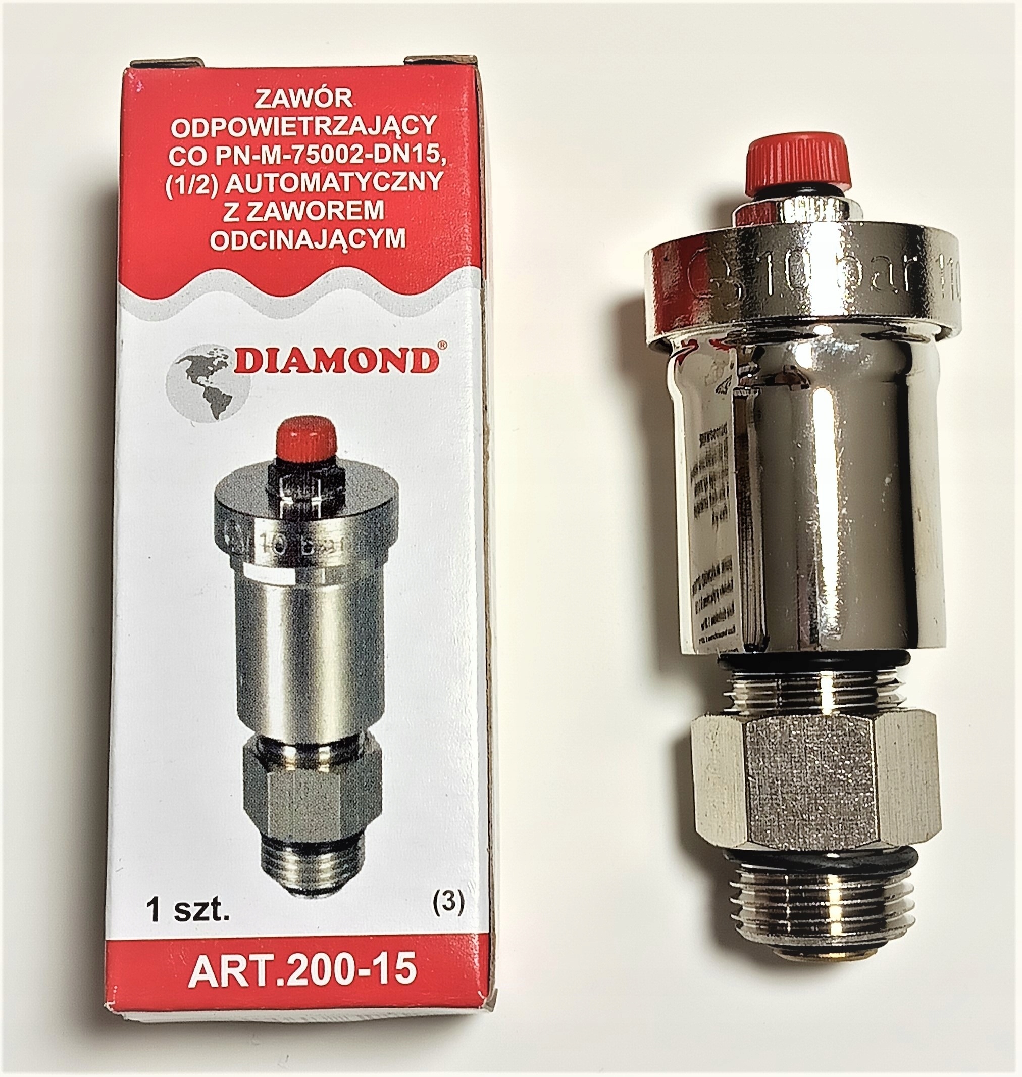 Odpowietrznik automatyczny 1/2" pionowy z zaworem Marka Diamond