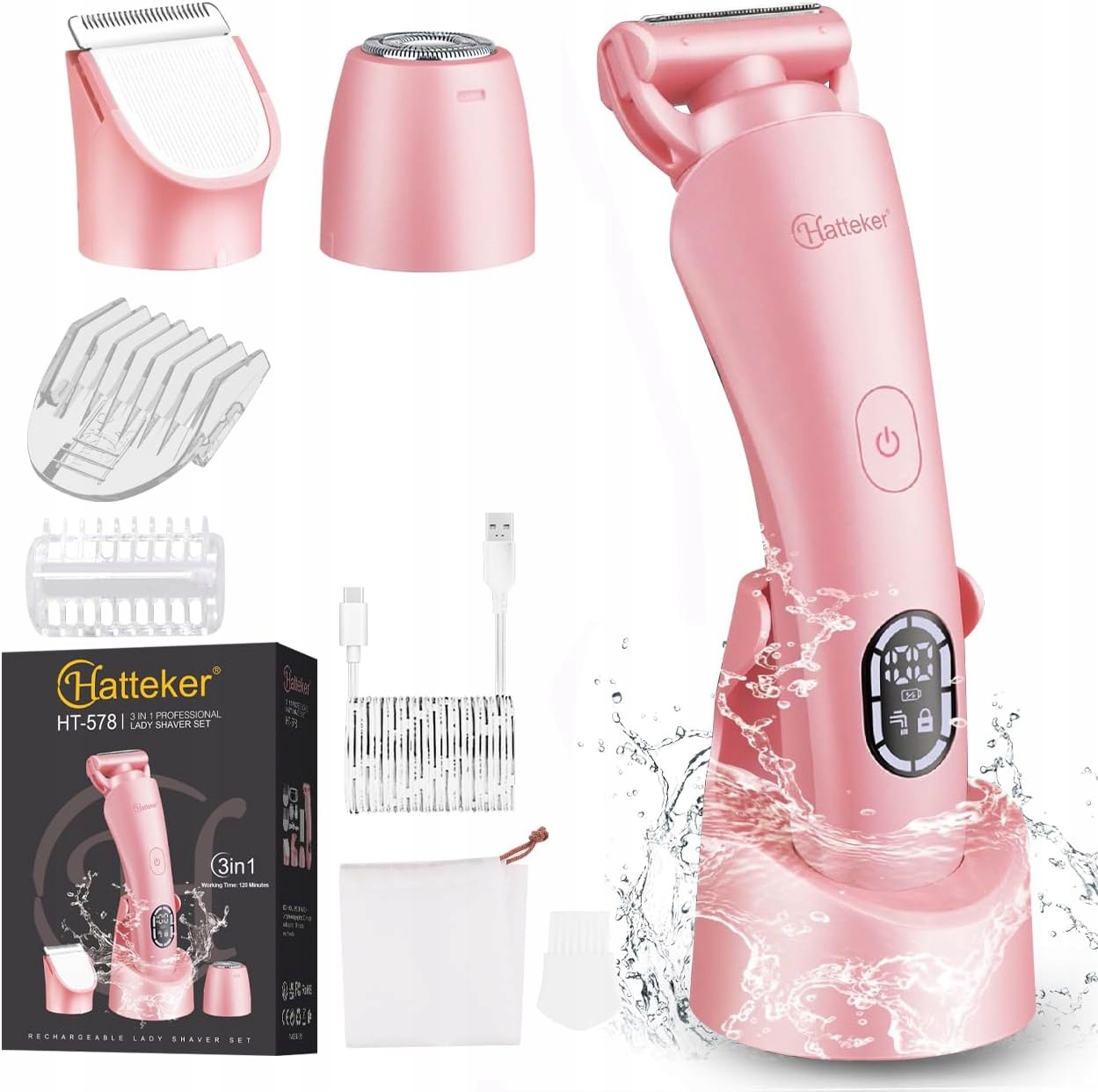 Dámský Holicí Strojek Hatteker HT-578 3V1 Akumulátorový Zastřihovač Růžový