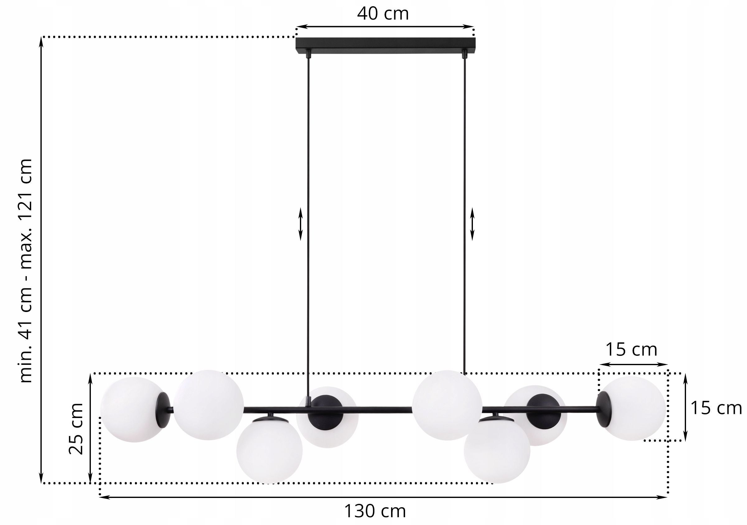 LAMPA SUFITOWA ŻYRANDOL WISZĄCA CZARNA GLAMOUR LISTWA SZKLANE KULE LOFT Długość/wysokość 120 cm