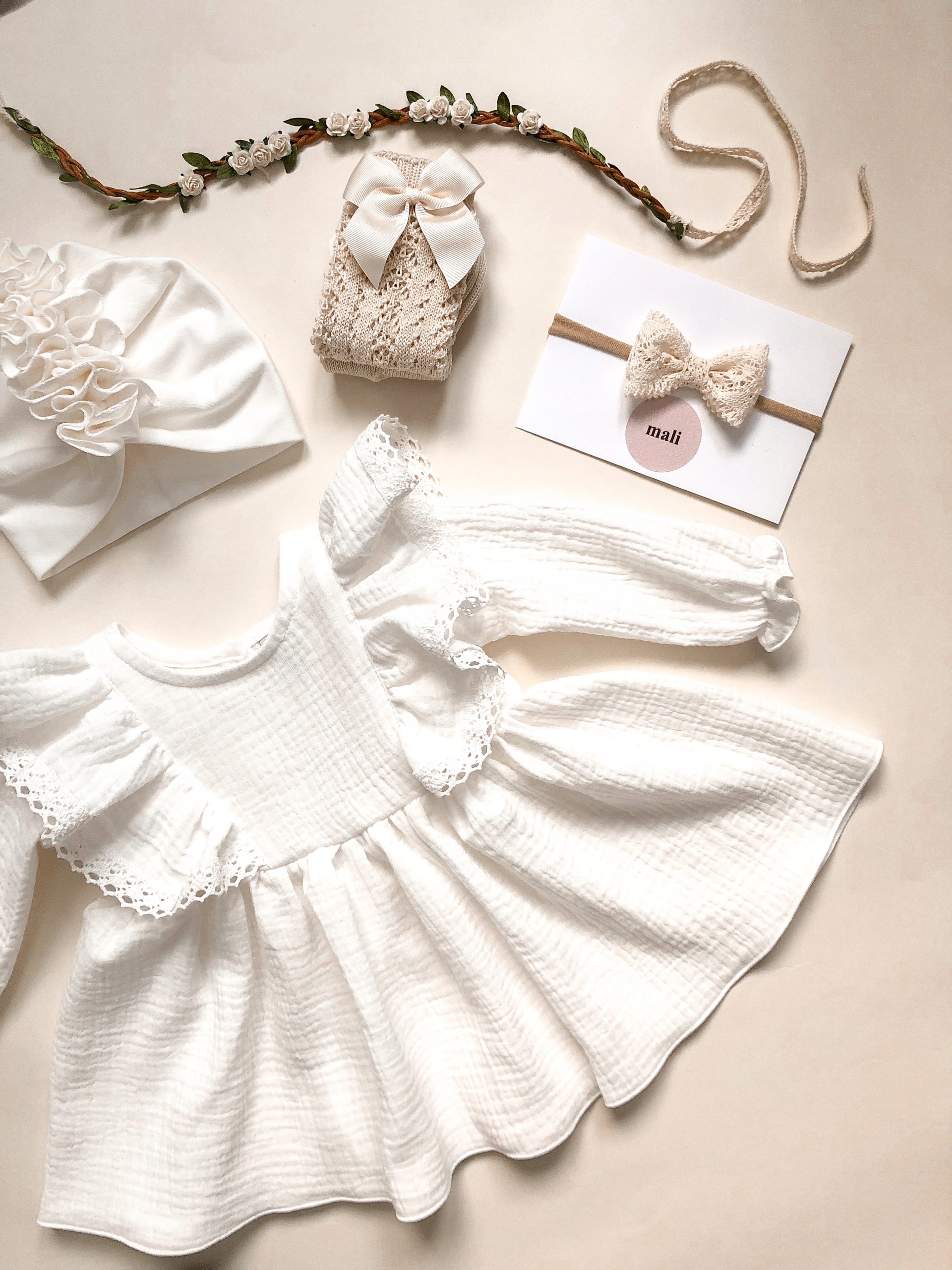 Sukienka do Chrztu Sukienka na Chrzest Boho Sukienka Muślinowa 68 Długość sukienki 36 cm