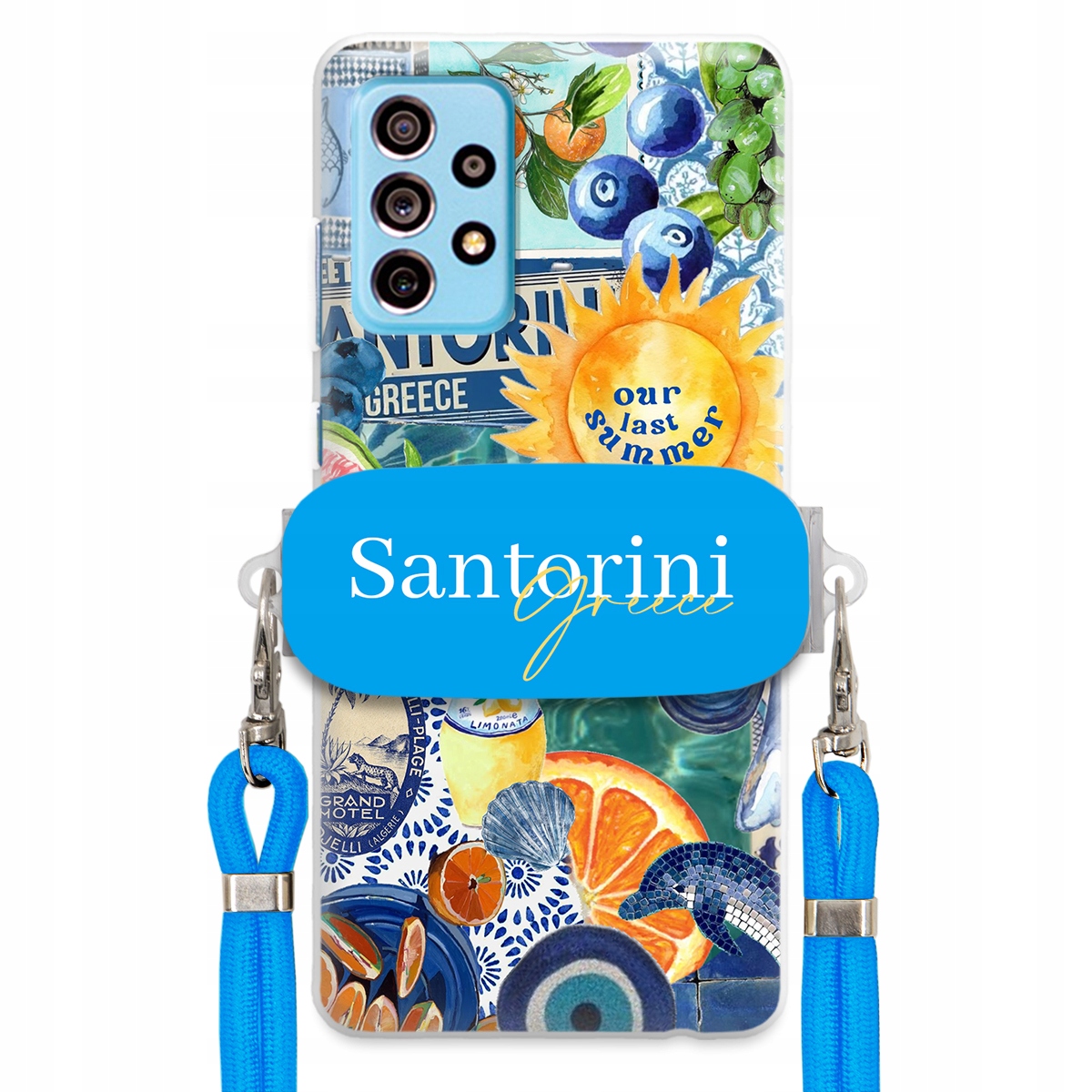 Pouzdro pro Samsung A73 5G Modré Crossbody vodítko držák Santorini Greece