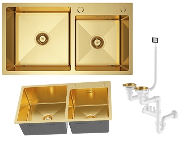 Zlatý oceľový drez 2-komorový kuchynský drez 78x45 cm, sifón