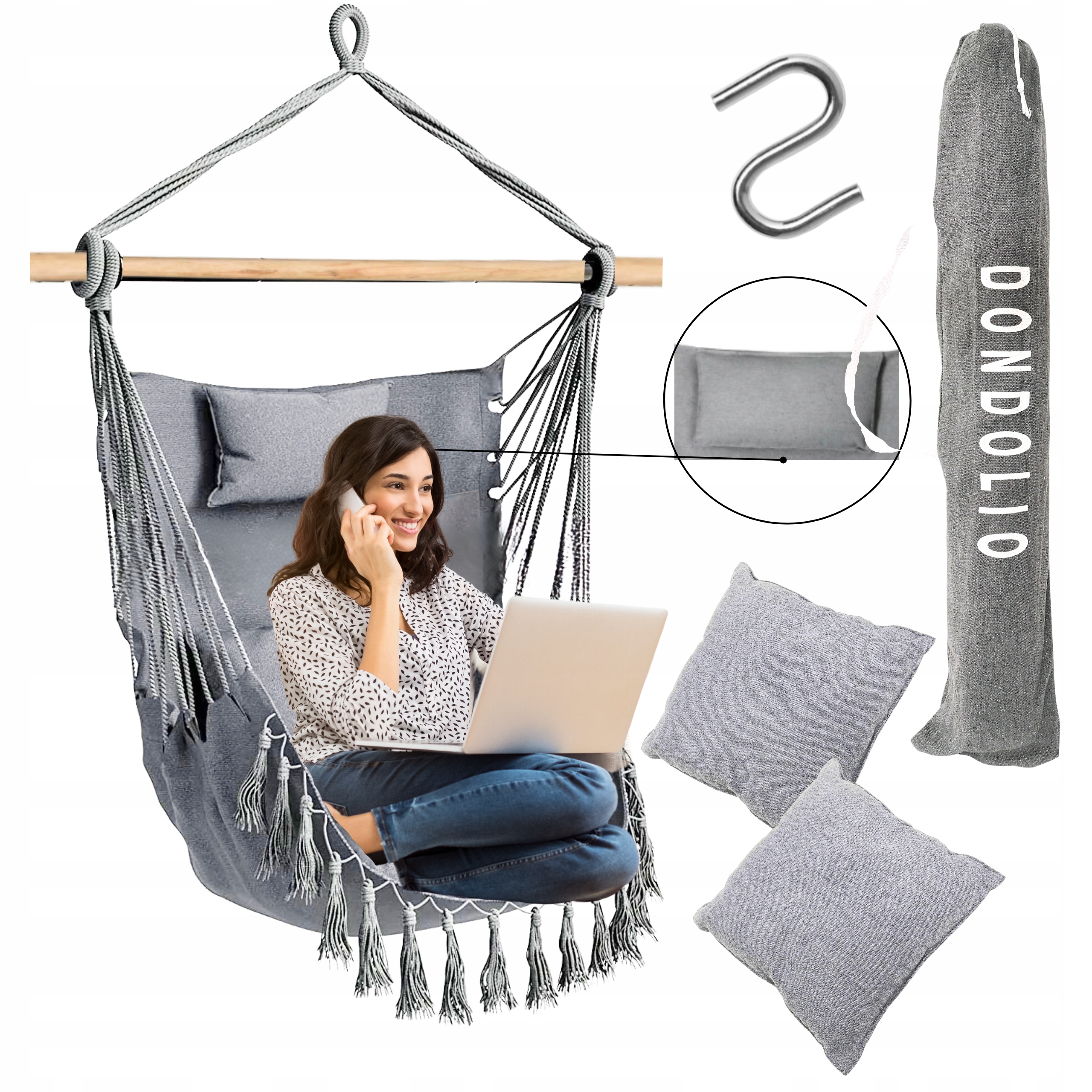 FOTEL WISZĄCY KRZESŁO BRAZYLIJSKIE HUŚTAWKA HAMAK + 3 Poduszki Dondolio