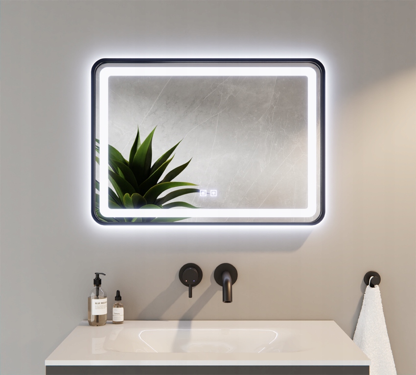 Lustro Czarna Rama Zaokrąglone LED 3w1 Trzy Barwy z Matą Grzewczą 60x80