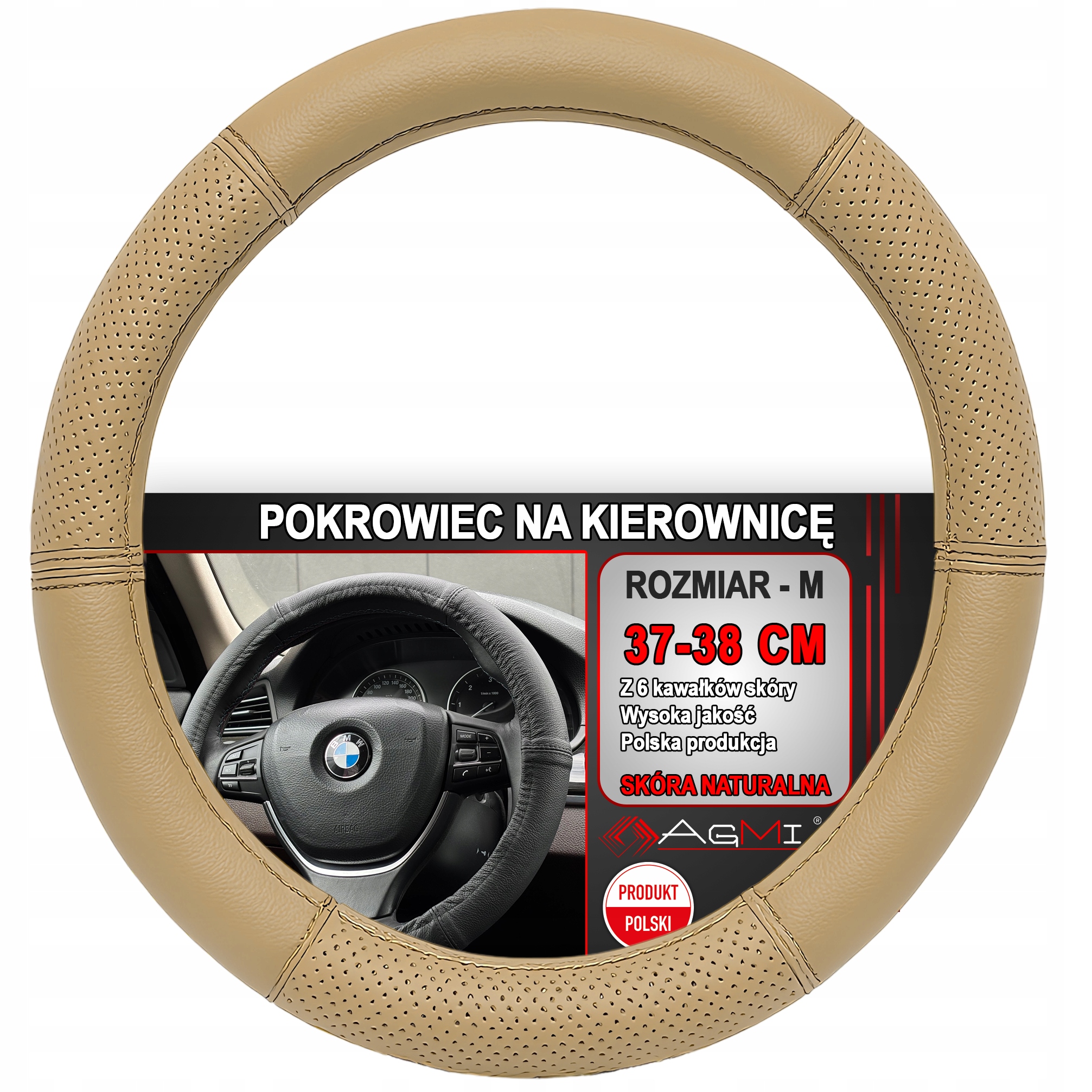 NAKŁADKA NA KIEROWNICĘ SKÓRZANA POKROWIEC SKÓRA 6 KAWAŁKÓW 37-38 CM
