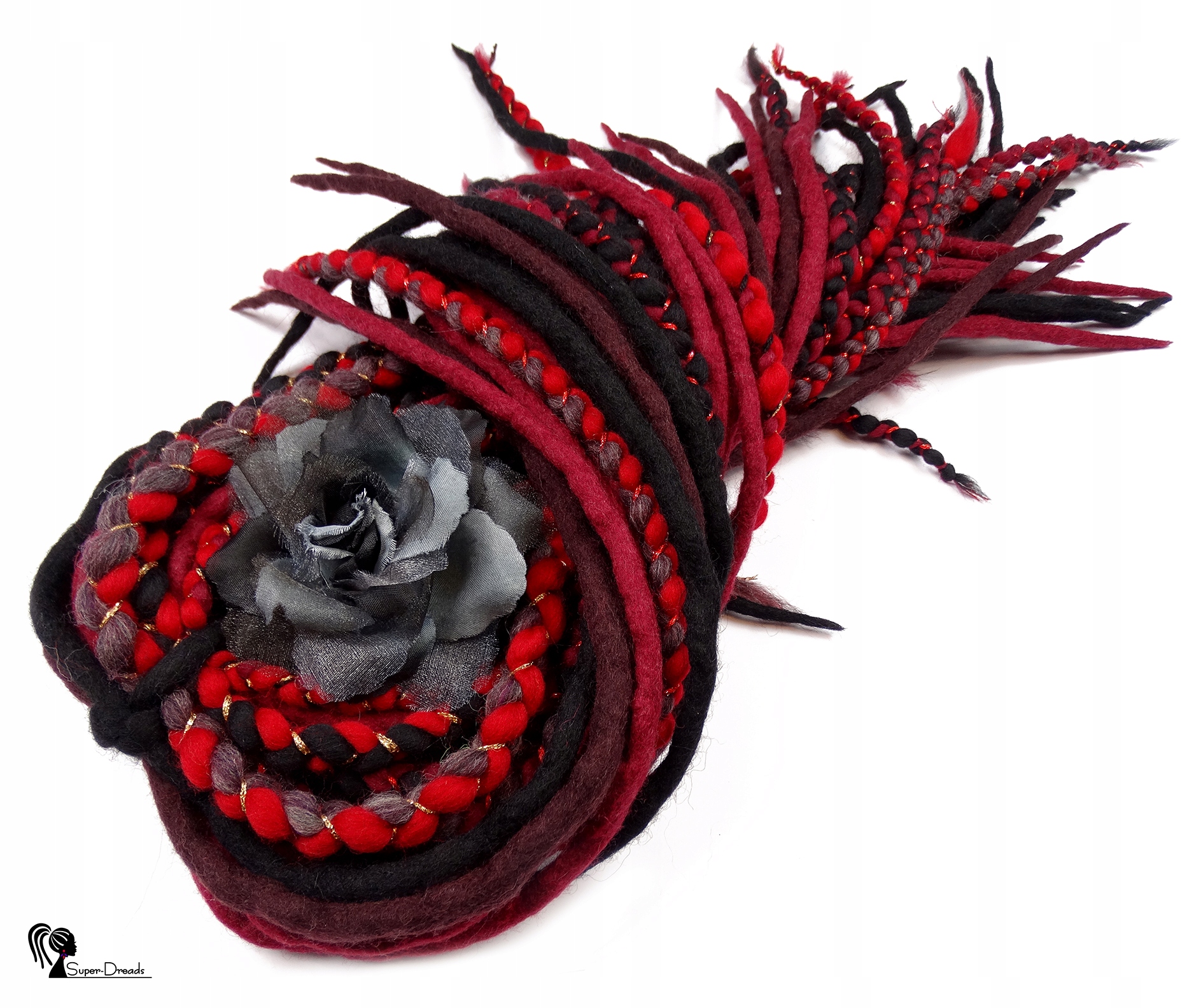 Dredloky Dredy Vlněné ručně vyráběné, černé bordó, Cikánská Balada, 40 kusů