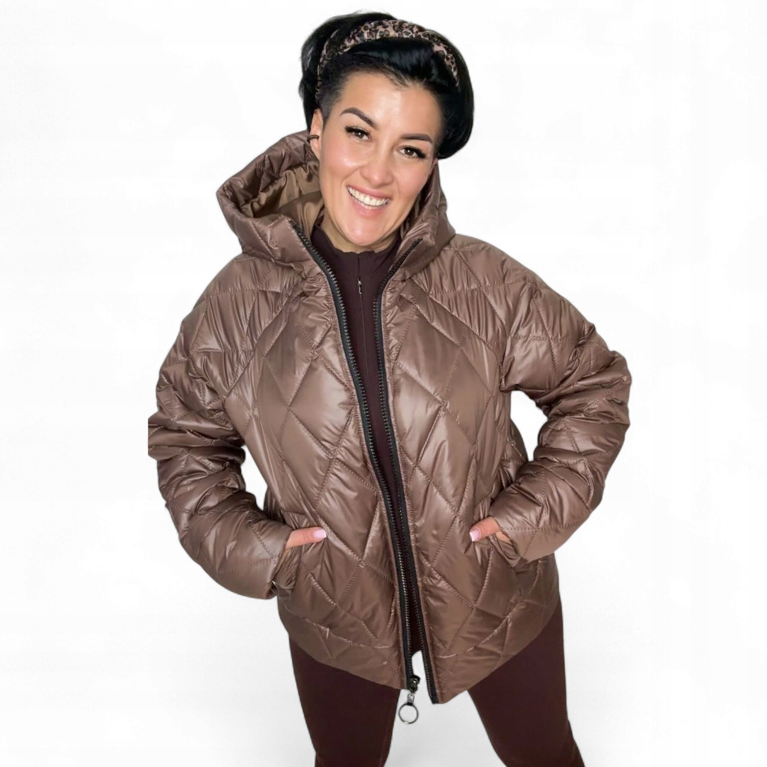 Prošívaná bunda s kapucí, čokoláda, velikost plus size, velikost 7XL