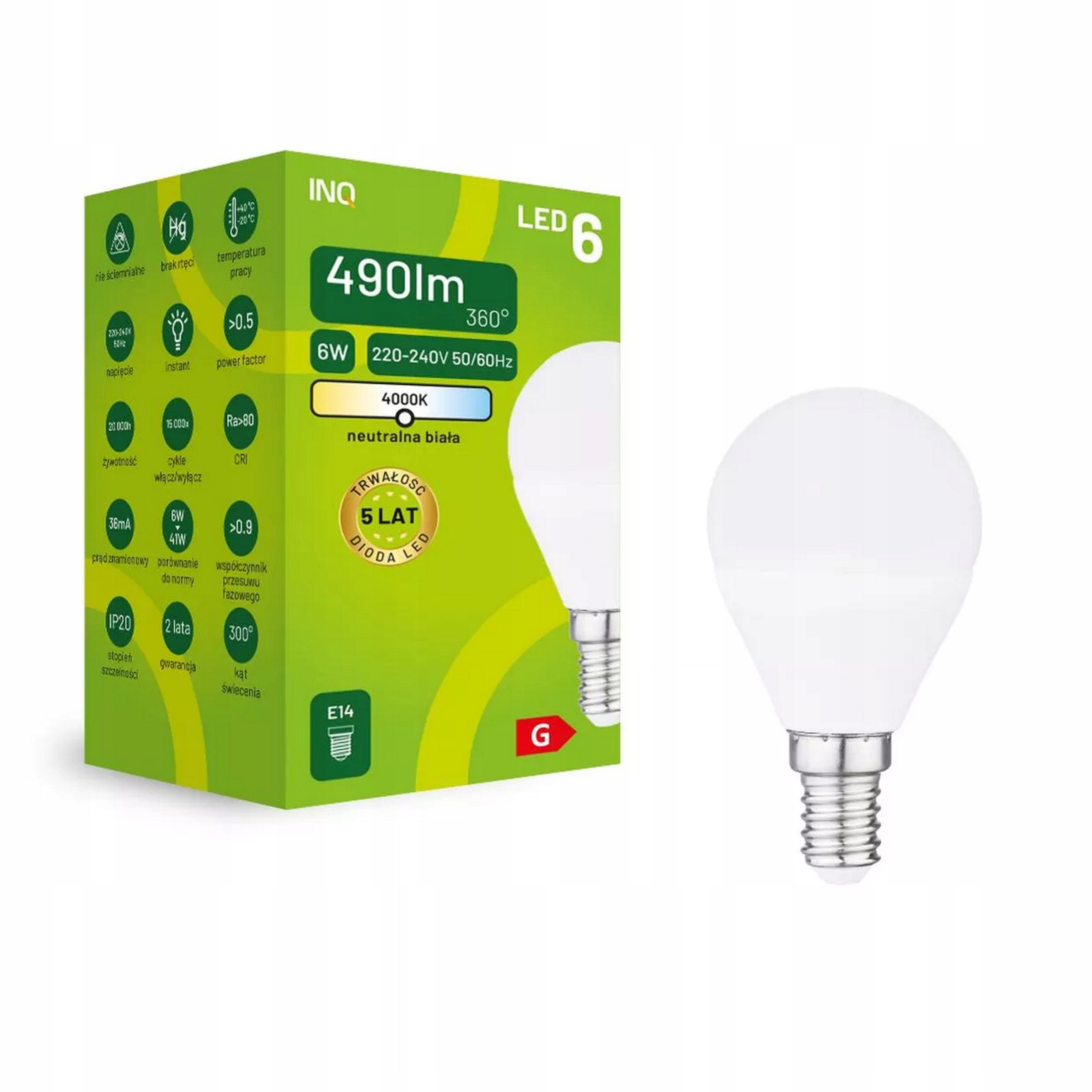 

Inq E14 6W (41W) P45 490lm żarówka Led 4000K