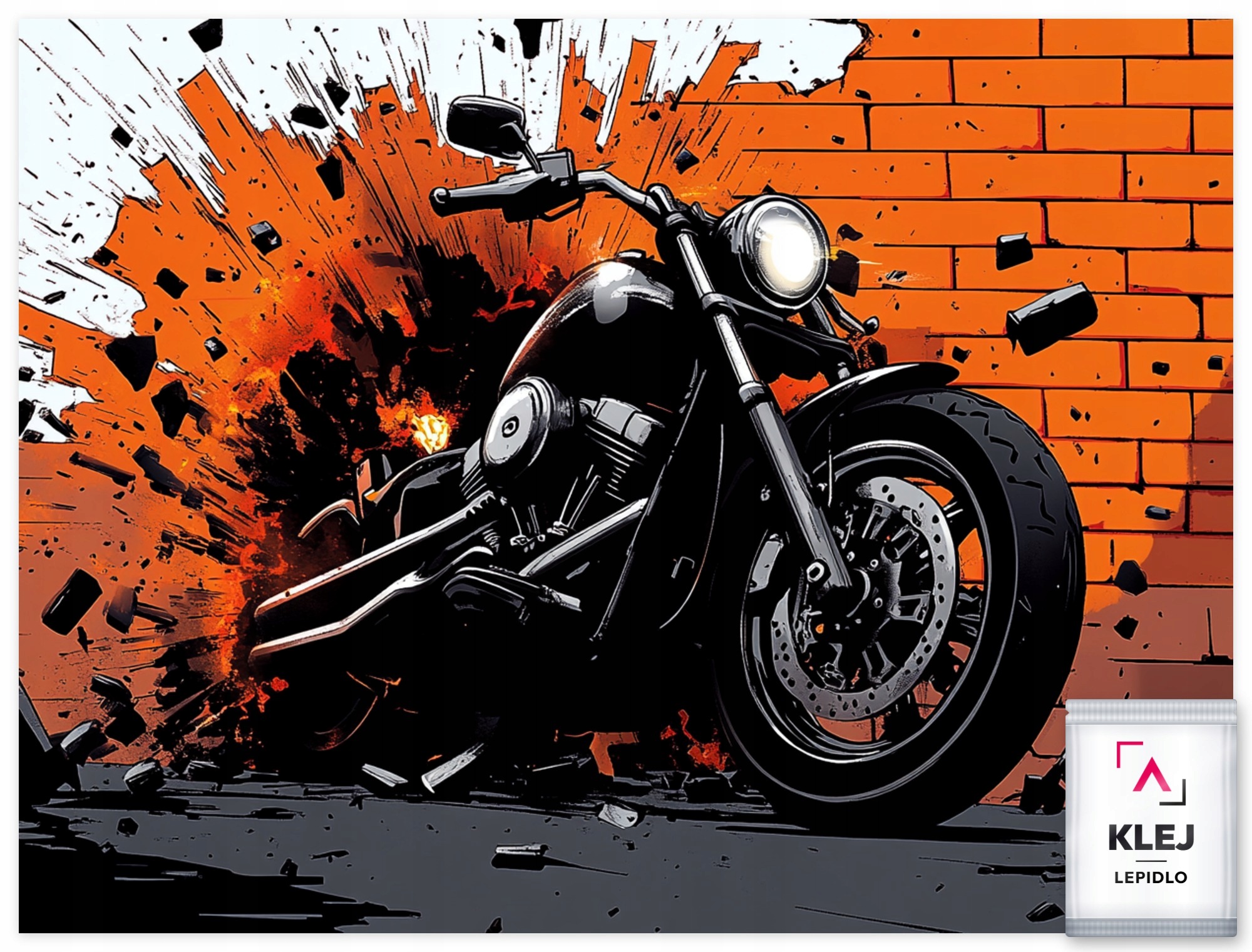 Vliesová fototapeta s grafikou komiksu, cihlová zeď, výbuch, motor 312x219 130g